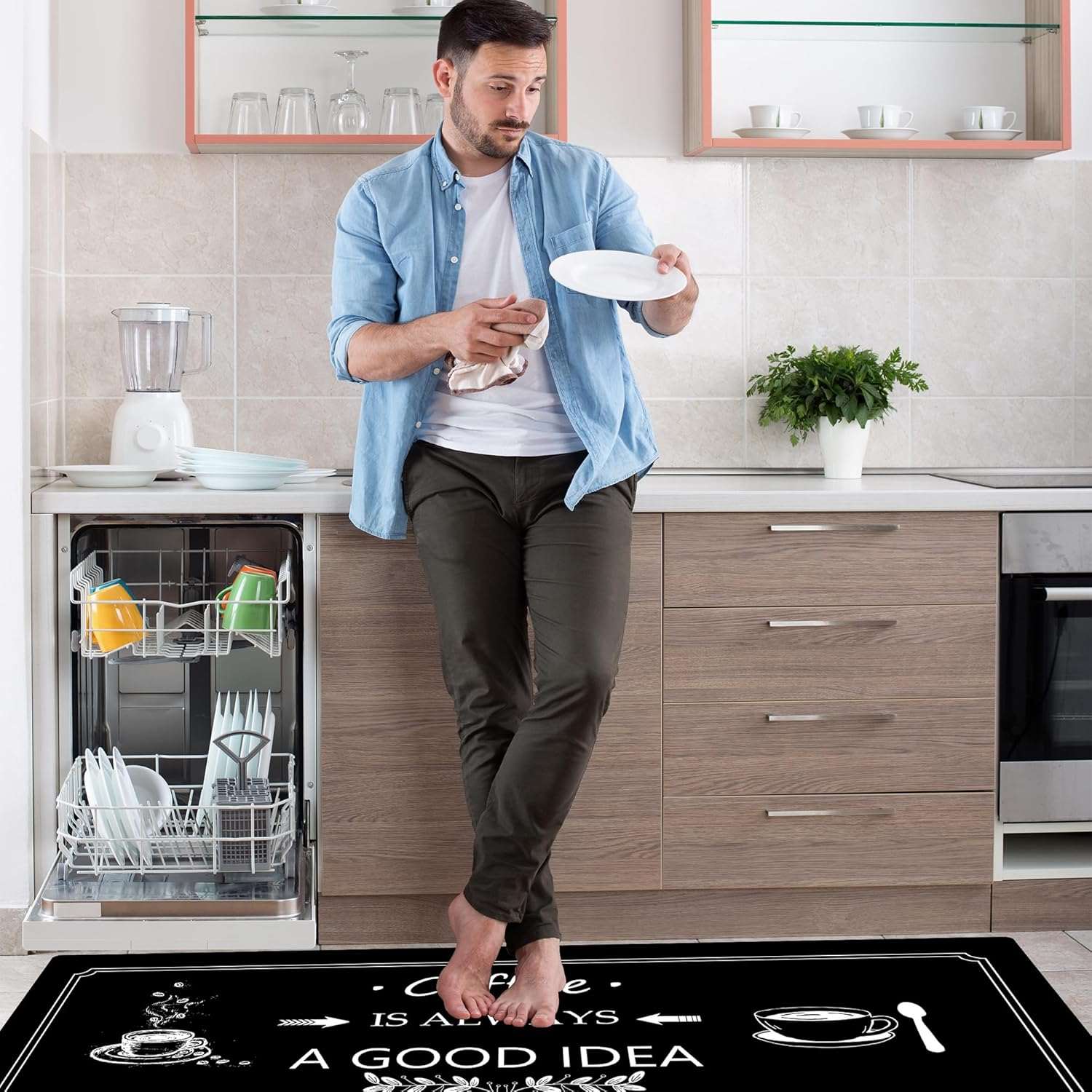 2PCS Kitchen Rugs and Mats Set of 2, Non-Slip Absorbent Coffee-Themed Kitchen Floor Mat, Kitchen Mats Washable, 50Cm X 80Cm + 50Cm X 120Cm (Black, 50Cm X 80Cm + 50Cm X 120Cm) image number 4