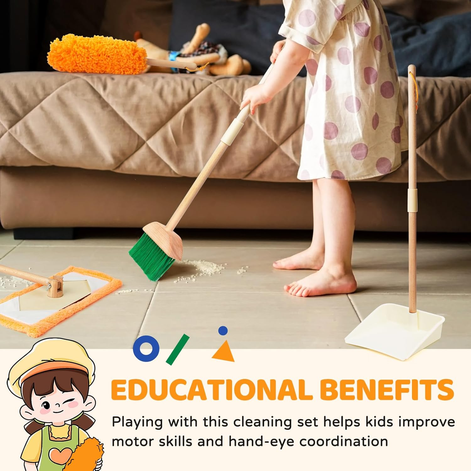 Toddler Cleaning Set - Kids Housekeeping Pretend Play Set | FSC Certification Wood with Broom, Mop, Dustpan, Duster and Organizing Stand | Montessori Toys for 3+ Year, Kids Pretend Play Cleaning Set image number 2