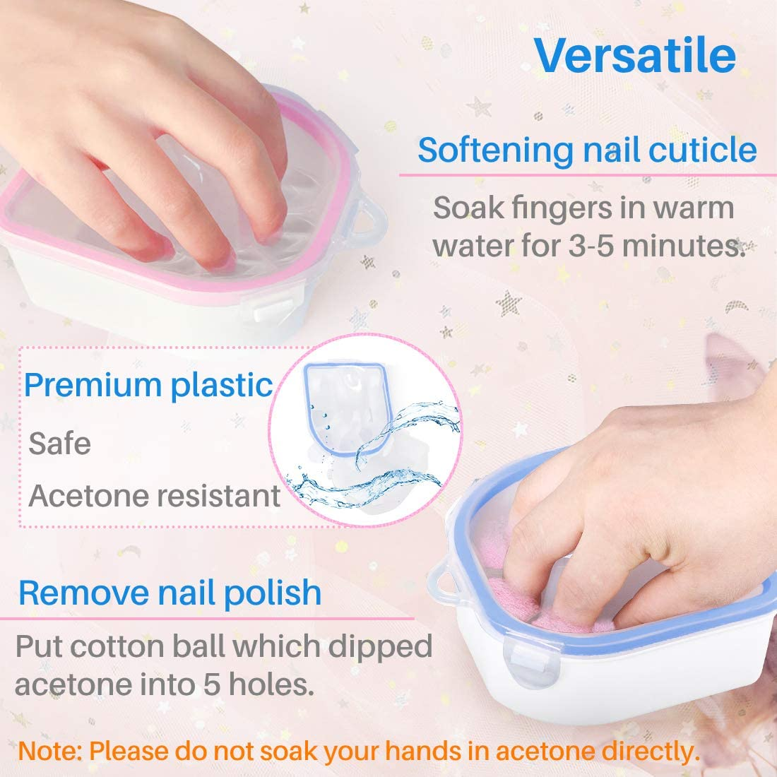 Kalevel Set of 2 Nail Soak off Bowl Nail Soaking Polish Remover Tray Manicure Spa Bowl Soaker Acetone Safe Pink Blue