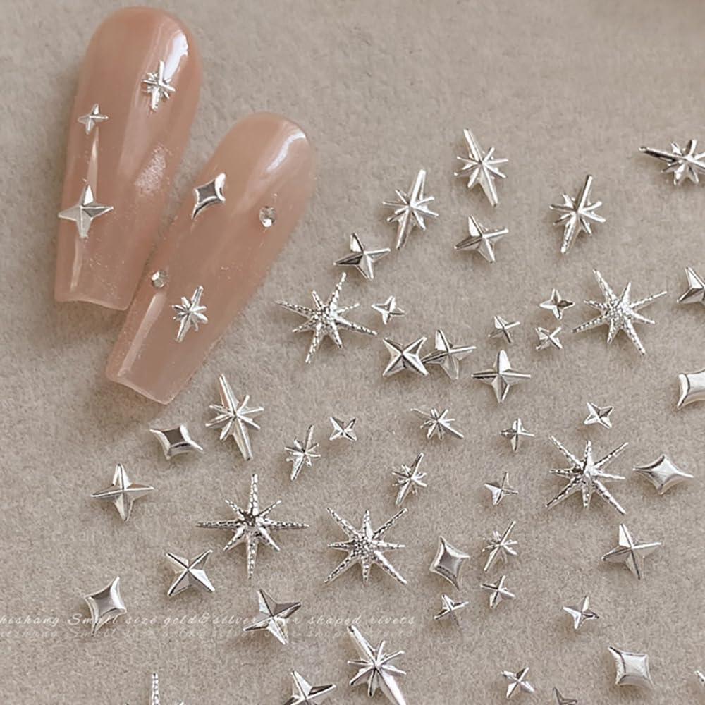Star Cross Nail Charms - Y2K Nail Star Charms Art - 2 Boxes Silver and Gold Cross Nail Art - Metal Nail Decoration Set - Star Nail Plugs image number 5