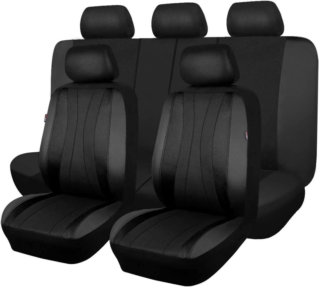 Flying Banner Car Seat Covers Full Set Faux Leather Air Mesh Breathable Man Lady Airbag Compatible Rear Bench Split 40/60 50/50 60/40 Truck Pick up (Full Set - Low Back, Black Black)