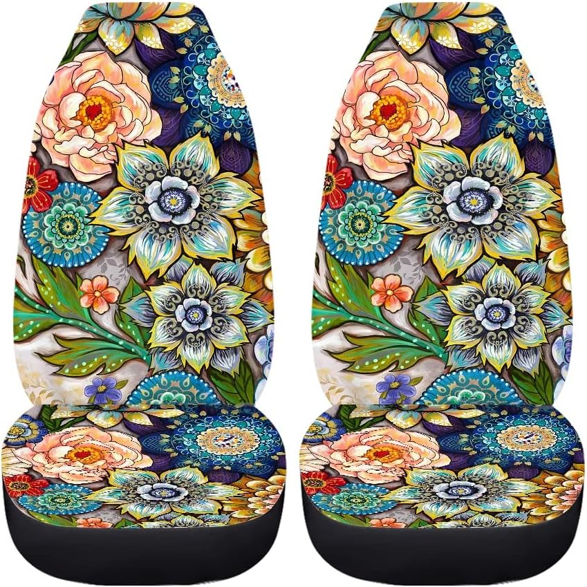 TOADDMOS Bright Blossoms Colorful Boho Floral Print Car Seat Covers for Women,Universal Auto Front Seats Protector Fits for Car,Suv Sedan,Truck image number 4