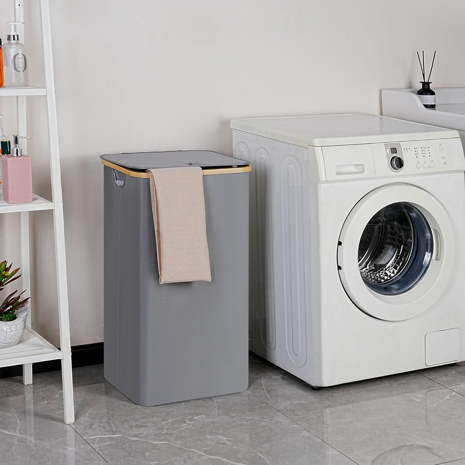 Efluky Laundry Basket with Lid and Removable Bag, 100L Tall Laundry Hamper with Bamboo Handles, Aesthetic Dirty Clothes Bin for Laundry Room, Bathroom, Bedroom and Dorm, Silver Grey image number 3