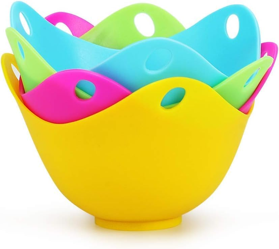 4Pcsthickened Food Grade Silicone Egg Poacher Cups, Cookware, Boiler Steamer, Microwave (Green+Blue+Purple+Yellow, 9.63 * 6.1Cm) image number 3