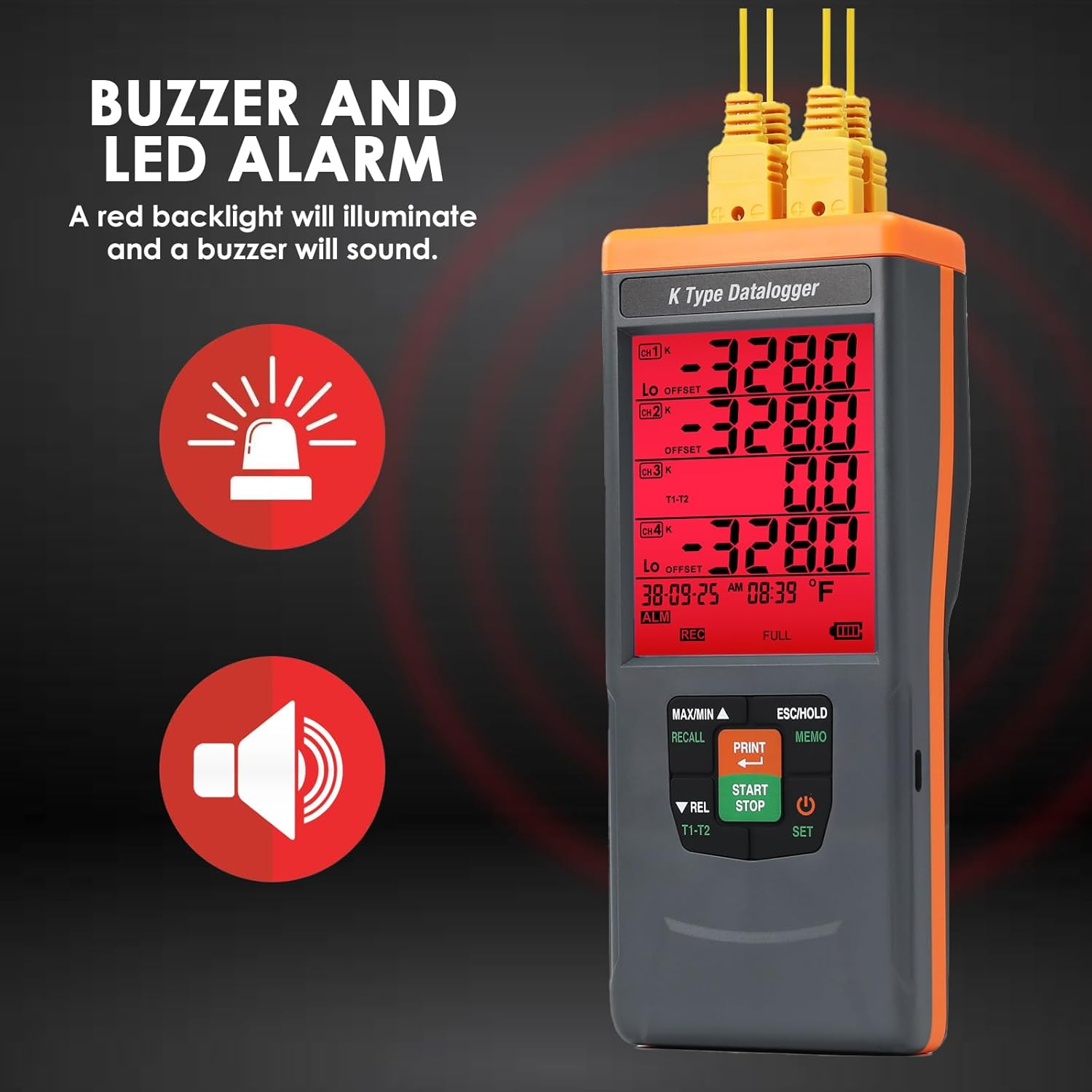 Thermocouple Thermometer Data Logger 4 Channel Digital K Type Temperature Data Logger Recorder with 48K Records, 328~2498℉ (-200~1370℃) Range with Audible/Visual Alarms for Laboratory Industrial image number 2