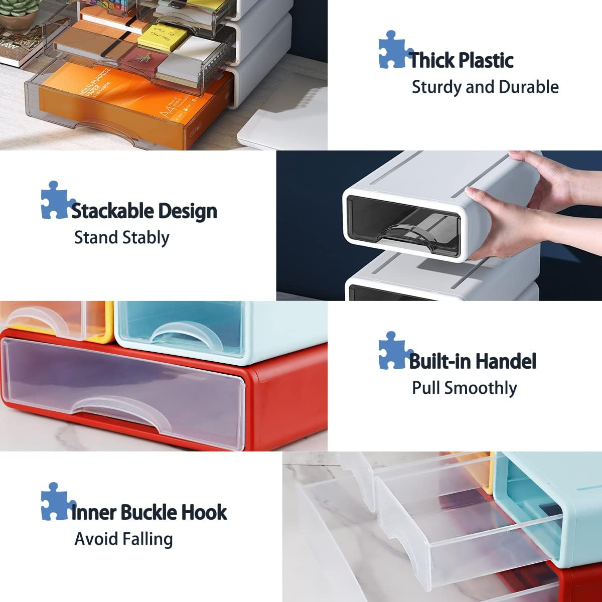 Stackable Desk Organizer, FHDUSRYO Large Desktop Storage Box with 3 Drawers, 13&rdquo; Wide Letter Size Desk Organizer and Accessories, Plastic Drawer Organizer for Office, Document, Makeup (White, 3Pcs) image number 1