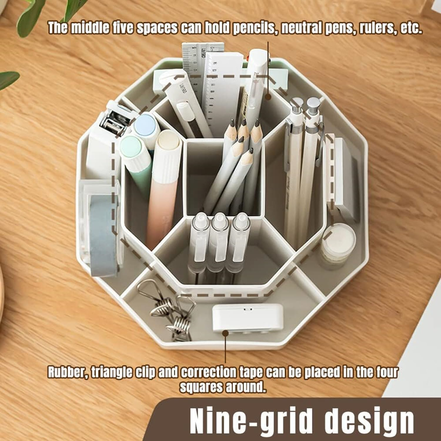 JCZD Rotating Pen Holder, Stationary Organiser, Pen Holder for Desk 9 Compartments, Upgraded Large Capacity 360&deg;Rotatable, Can Accommodate Pencils, Colored Pens, Various Stationery (Blue) image number 5