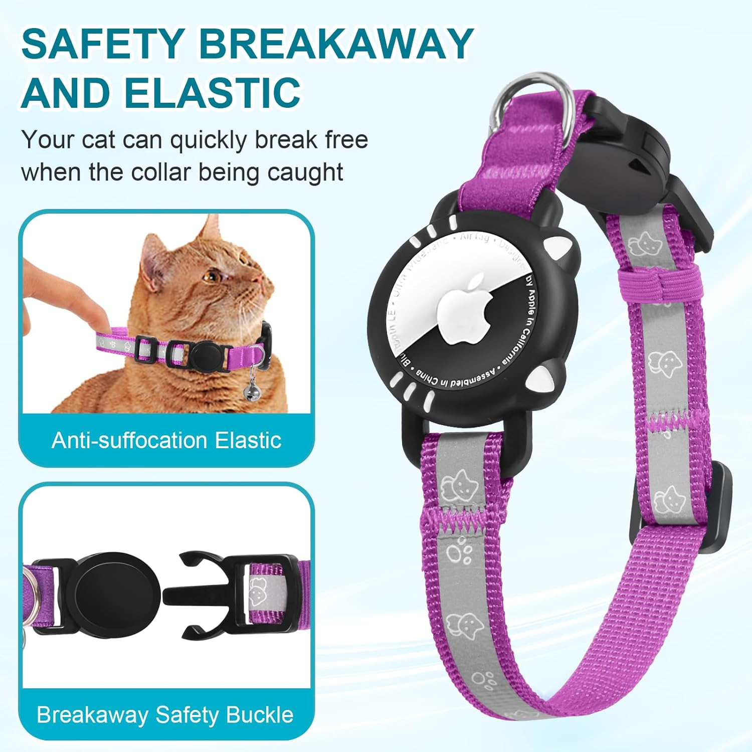 Agoumlux Airtag Cat Collar, Airtag Compatible, Reflective with Safety Clasp, Bell, Purple, S (23-33 Cm)