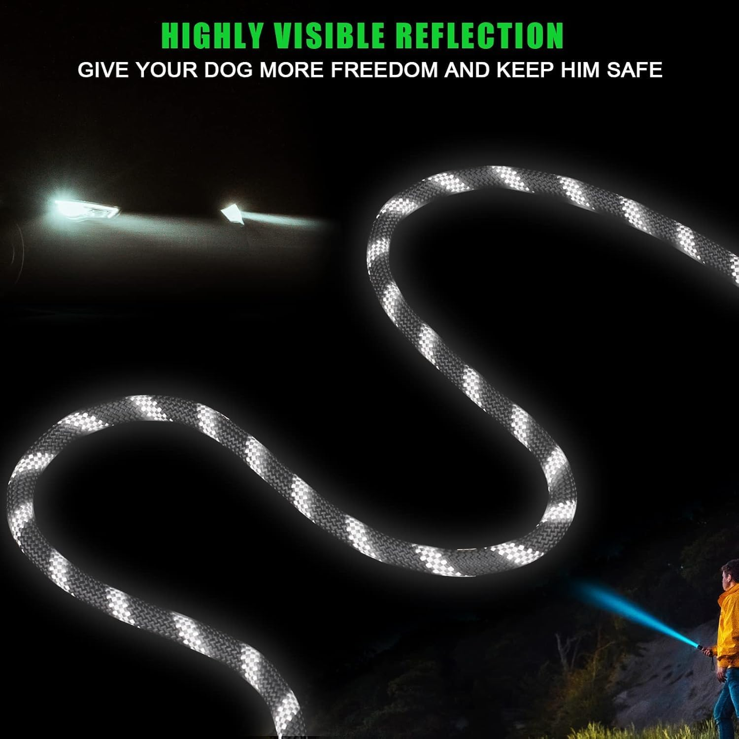 Dog Tie Out Cable for Camping, 50Ft/15M Portable Overhead Trolley System with 10Ft/3M Runner Lead for Dogs up to 200Lbs，Portable Reflective Dog Lead Line for Yard, Park and Outdoor (Black) image number 4