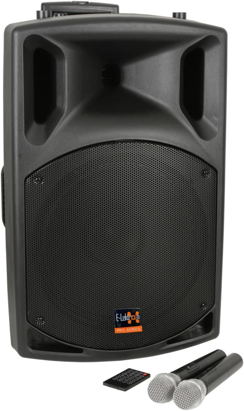 E-Lektron EL38-M UHF 900W 15" Inch Bluetooth Wireless Linkable Loud Portable PA Speaker Sound System Recoding Incl.2 Mics for Karaoke Party Event Speech Singing