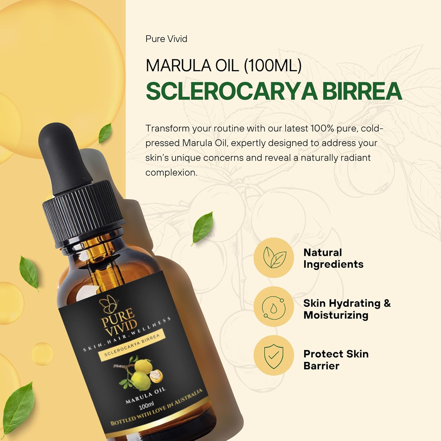 Marula Oil 100Ml &ndash; Cold Pressed & Unrefined &ndash; Cosmetic Grade Carrier Oil for Skin, Hair & DIY Beauty &ndash; Pure, Lightweight & Unscented &ndash; Amber Glass Dropper Bottle