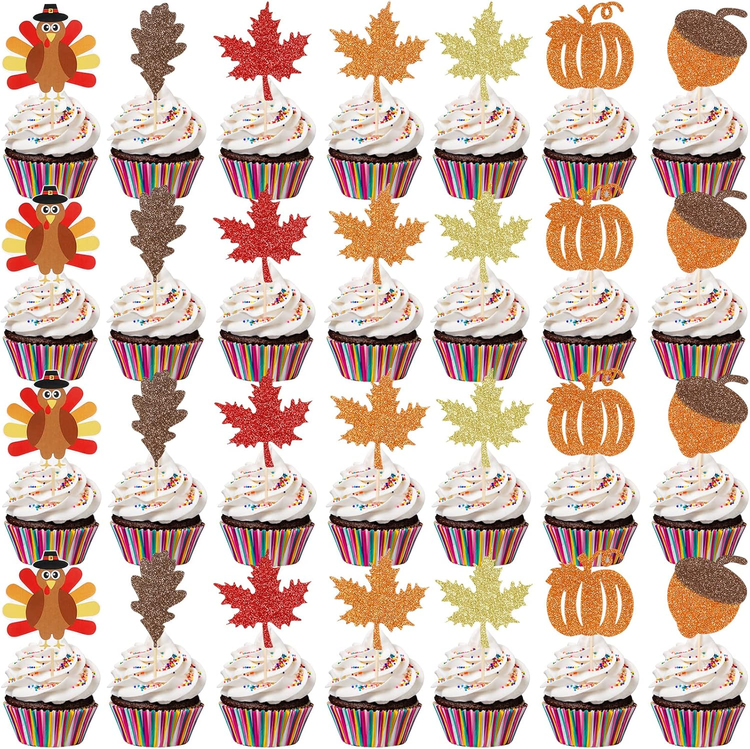 Thanksgiving Cupcake Toppers Turkey Food Picks Maple Leaf Pumpkin Cupcake Picks Decorations Fall Cupcake Toppers for Thanksgiving Party Cake Food Supplies - 35Pcs