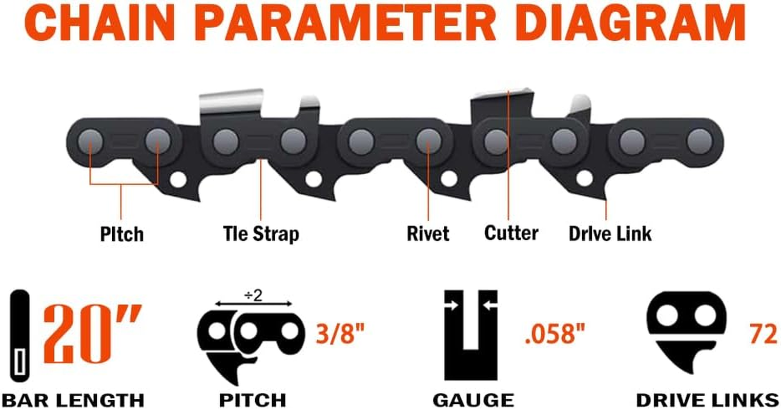 ABOVE LAND LB 3Pcs 20 Inch Bar Length Chainsaw Chain 3/8" Pitch 0.058" Gauge 72 Drive Links Semi Chisel Compartible for Husqvarna 180 181 266 272 288XP 371XP 365 570 372XP 575XP 385XP 556 562 562XP image number 2