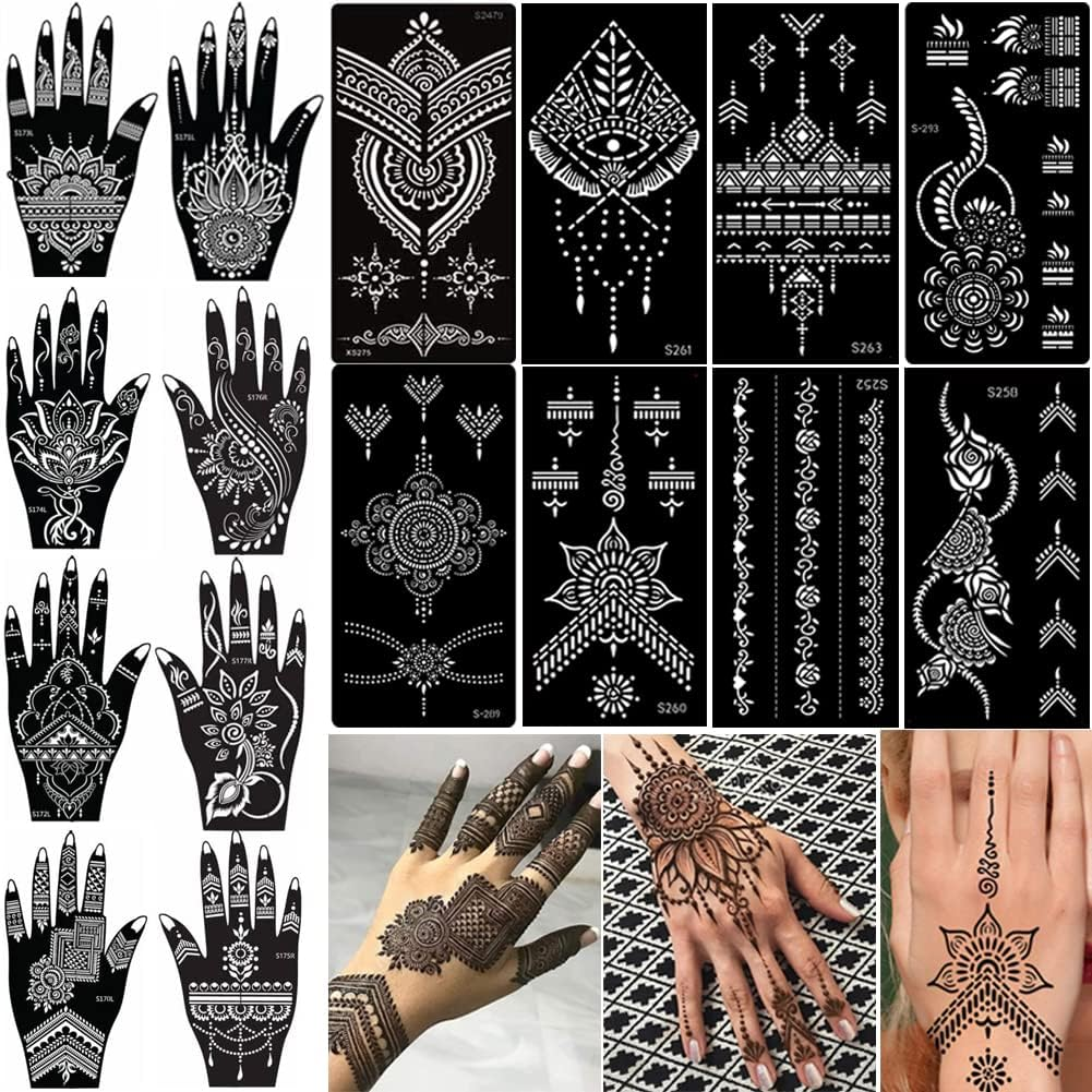 XMASIR 16 Sheets Temporary Tattoo Kit, Reusable Tattoo Stencils Sets Indian Arabian Flower Tattoo Templates for Women Girls Body Hand Art