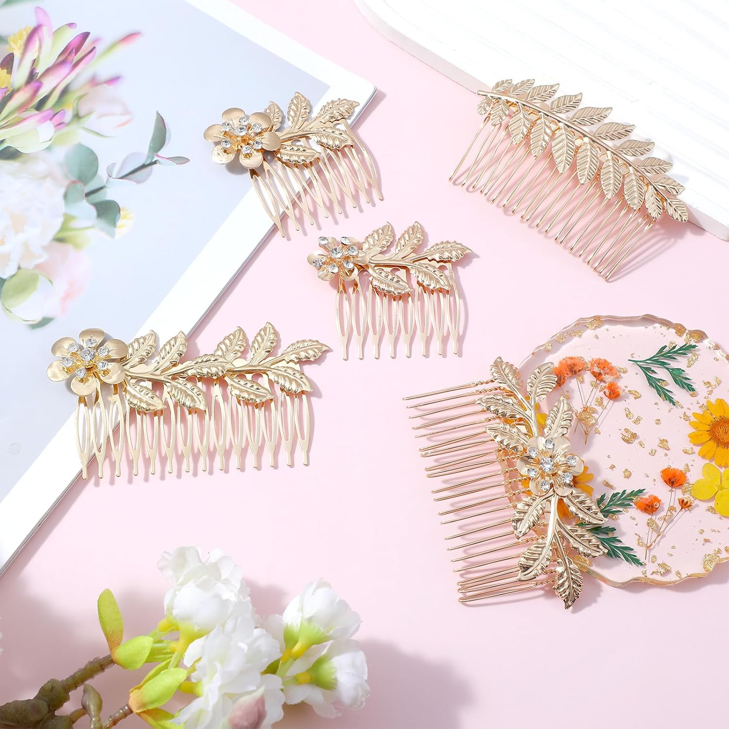 Pack of 5 Hair Accessories Wedding Crystal Flowers Hair Clips Retro Gold Pin Combs Bridal Rhinestone Hair Comb for Clip Bridal Hairpiece Golden Hair Combs for Women Bridesmaid image number 2