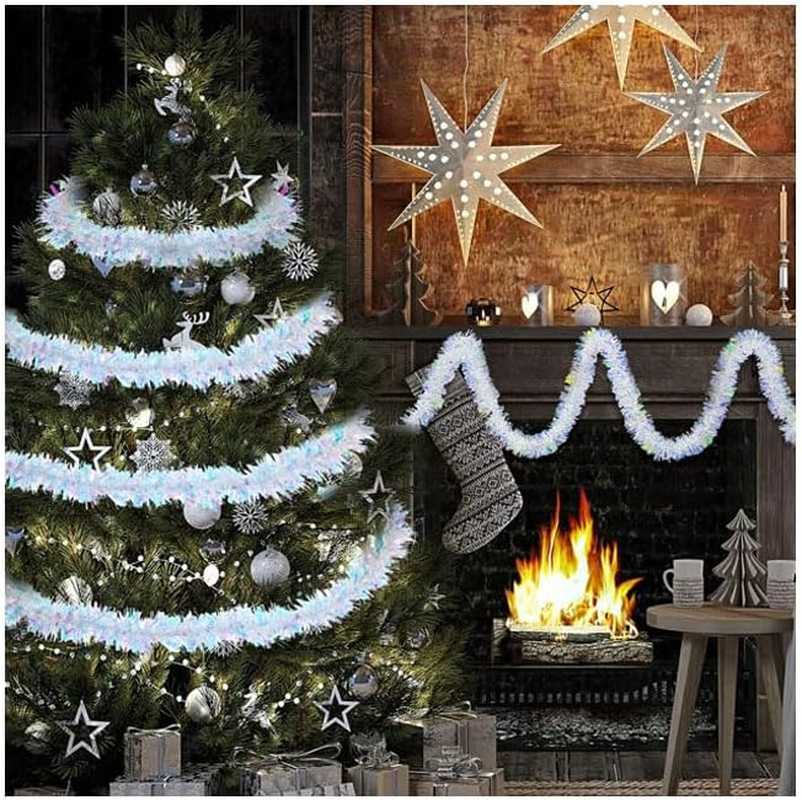 6M Snowflake Christmas Tinsel Garland White Metallic Twisted Hanging Garland with Star for Chistmas Tree Fireplace Home Decoration (3), 231208 image number 3