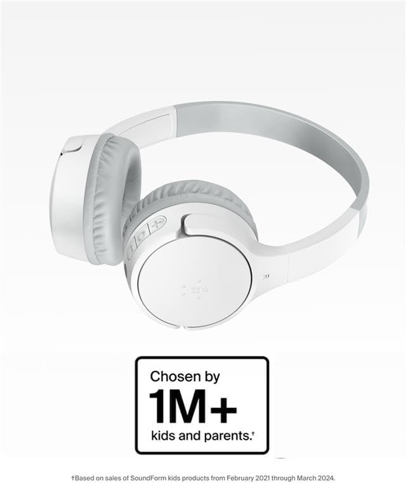 Belkin Soundform Mini - Wireless Bluetooth Kids Headphones, 30H Battery, 85Db Safe Volume Limit, Built-In Microphone - Toddler On-Ear Earphones for Iphone, Ipad, Fire Tablet, Ideal for School - White image number 6