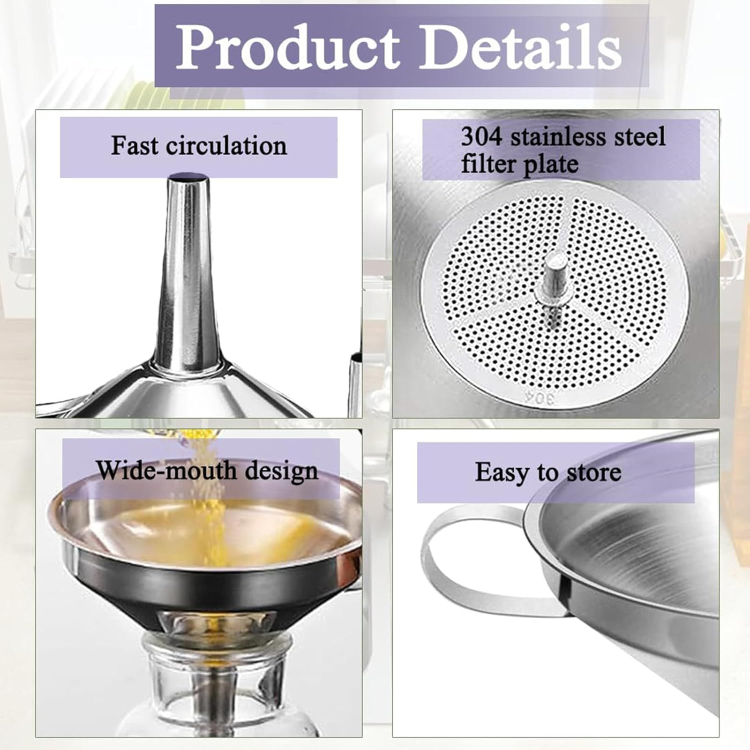 Funnels Stainless Steel Kitchen 13 Cm with Handle, Detachable 200 Mesh Food Strainer and Stainless Steel Filter Strainer, Cleanning Brush for Filter Liquid, Oils, Powder, Juice, Jam