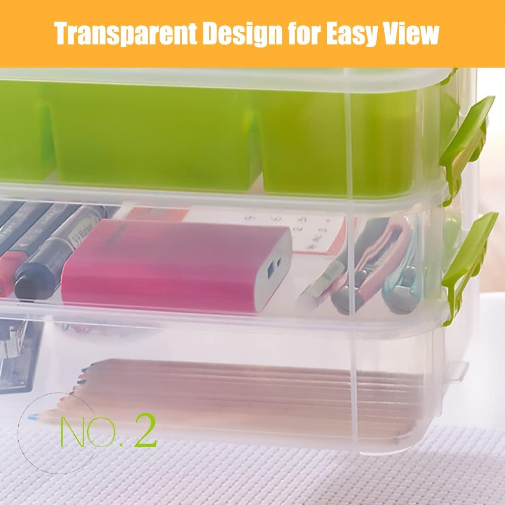 FOREVERIE Stackable Clear 3 Tier Arts & Crafts Plastic Storage Containers Large with a Six-Grid Tray, Portable Layered Embroidery & Sewing Box Organiser, Plastic Storage Box (Clear & Blue)