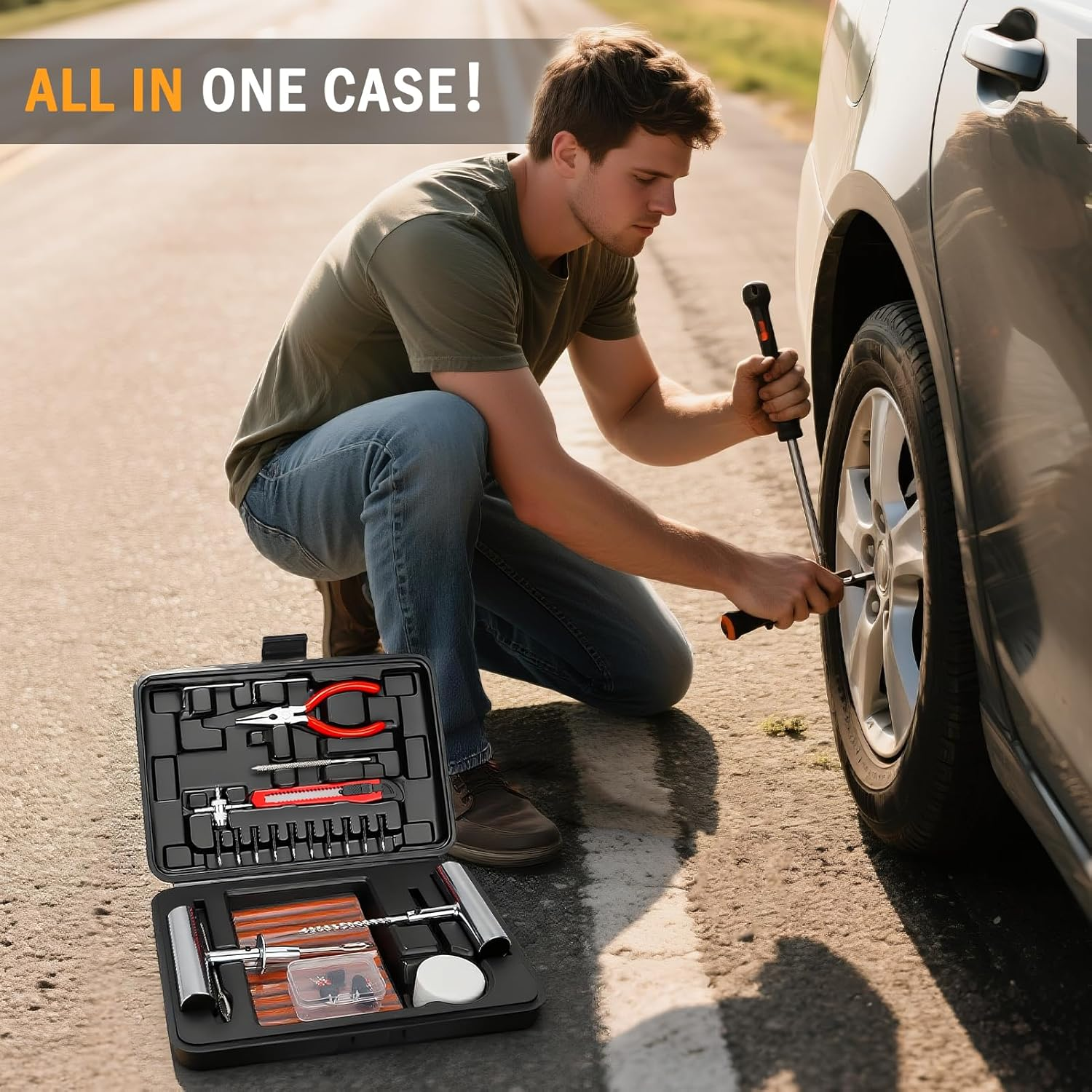 ORCISH 70PCS Tire Repair Kit, Professional Heavy Duty Tire Plug Kit, Tire Patch Kit for Fix a Flat, Tubeless Tire Puncture Change Tool Kit for Car, Motorcycle, Truck, ATV, Tractor, RV, SUV, Trailer image number 3