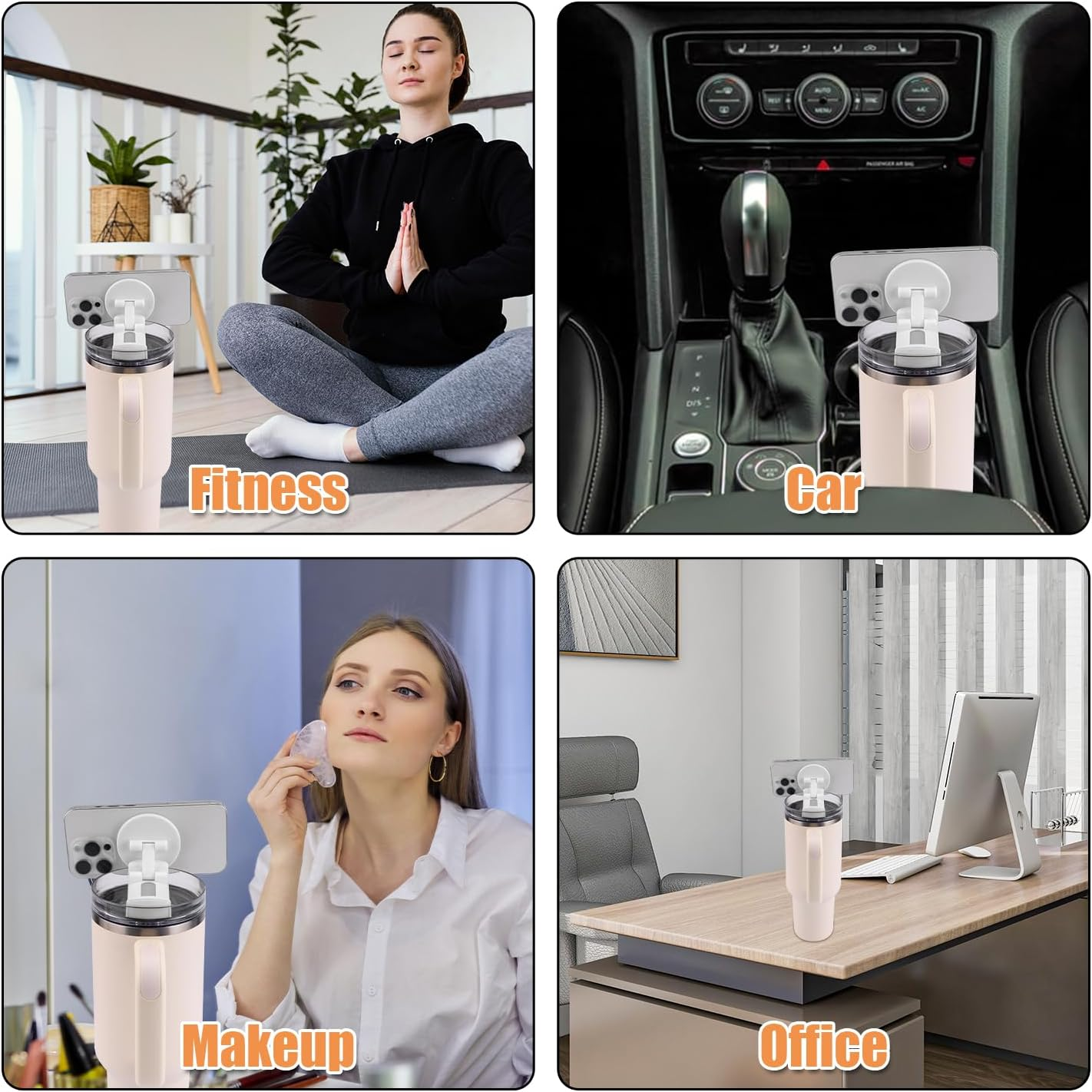 BOXOB Phone Holder for Stanley Cup 40Oz Quencher H1.0 H2.0 Lids, Hands Free Magnetic Foldable Mobile Phone Holder Tumbler for Stanley Cup Accessories Magsafe Phones - White image number 4