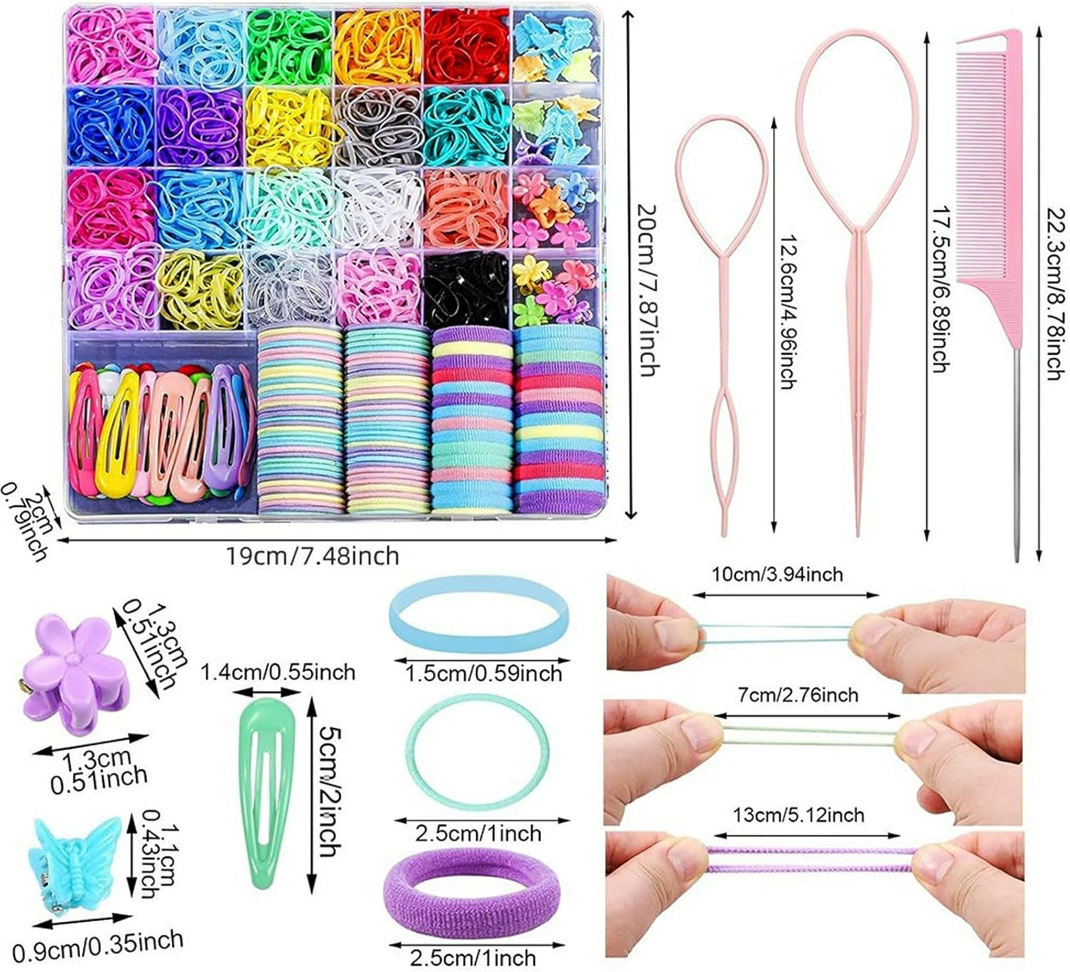 MYTOAU 1543 Pcs Elastic Hair Ties Set with Organizer Box Assorted Mini Hair Elastics Colorful Hair Accessories with Cute Flower Hair Clip Elastic Rubber Bands Hair Ropes Hair Barettes Hair Comb