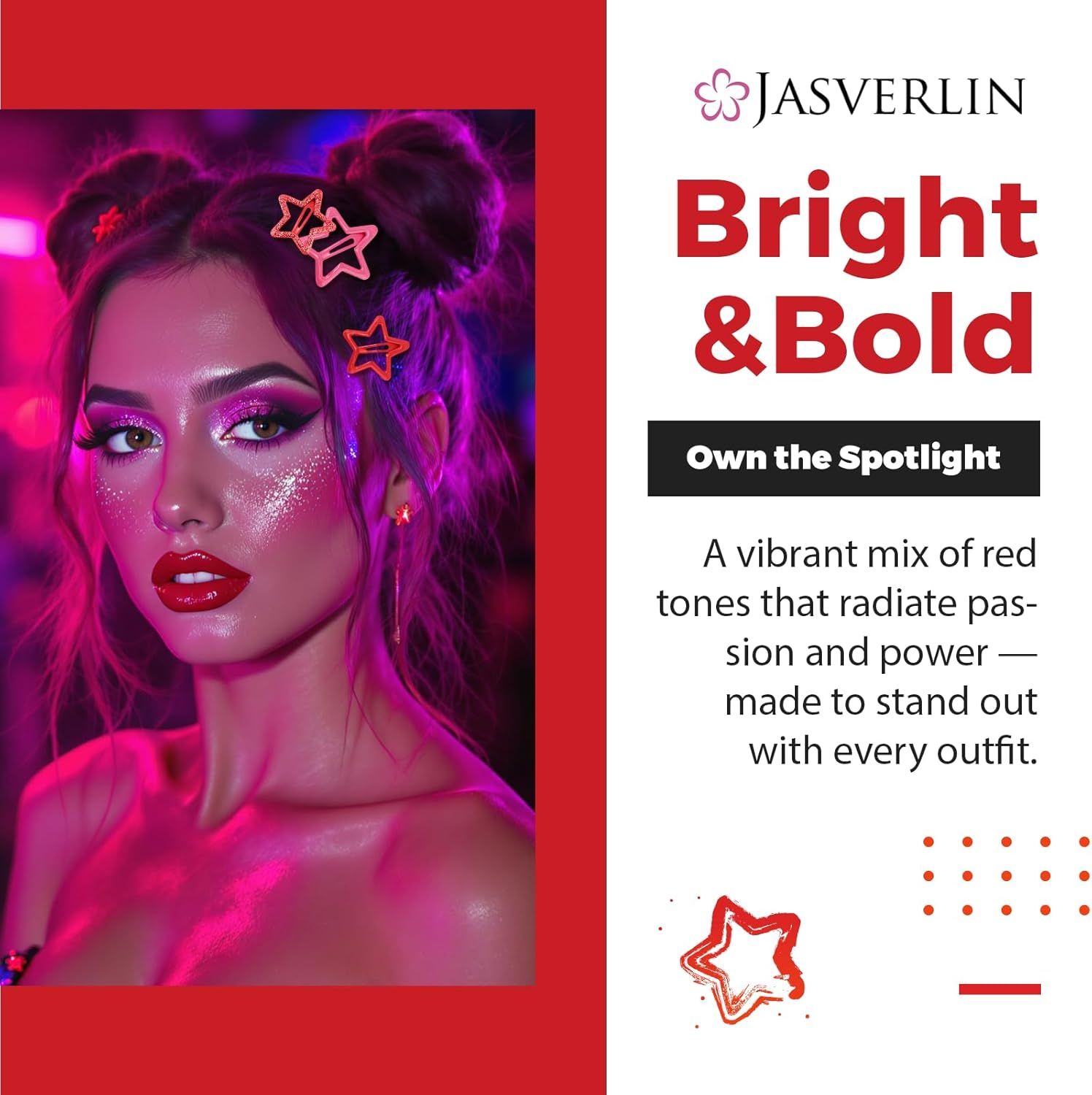 JASVERLIN 36 Pcs Red Star Hair Clips Accessories for Women Girls, Y2K Kawaii Thin Thick Cute Colorful Metal Snap Barrettes for Rave Glitter Hairclips Mixed Sizes