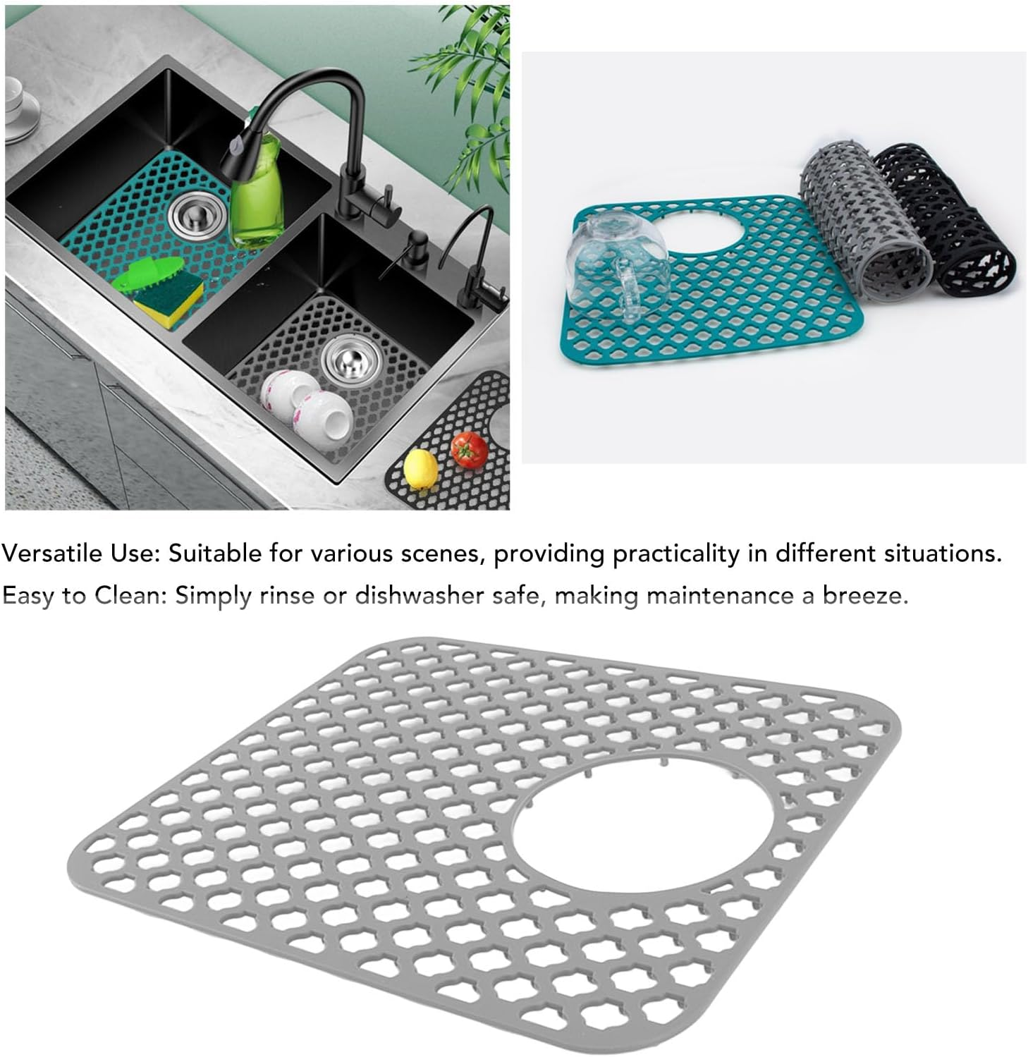 Silicone Sink Mat, 13.6 X 11.6 Kitchen Sink Protector Grid, Non Slip Sink Mats with 4.7 Rear Drain, Heat Resistant for Bottom of Farmhouse Stainless Steel Porcelain Sink (Grey) - Grey image number 6