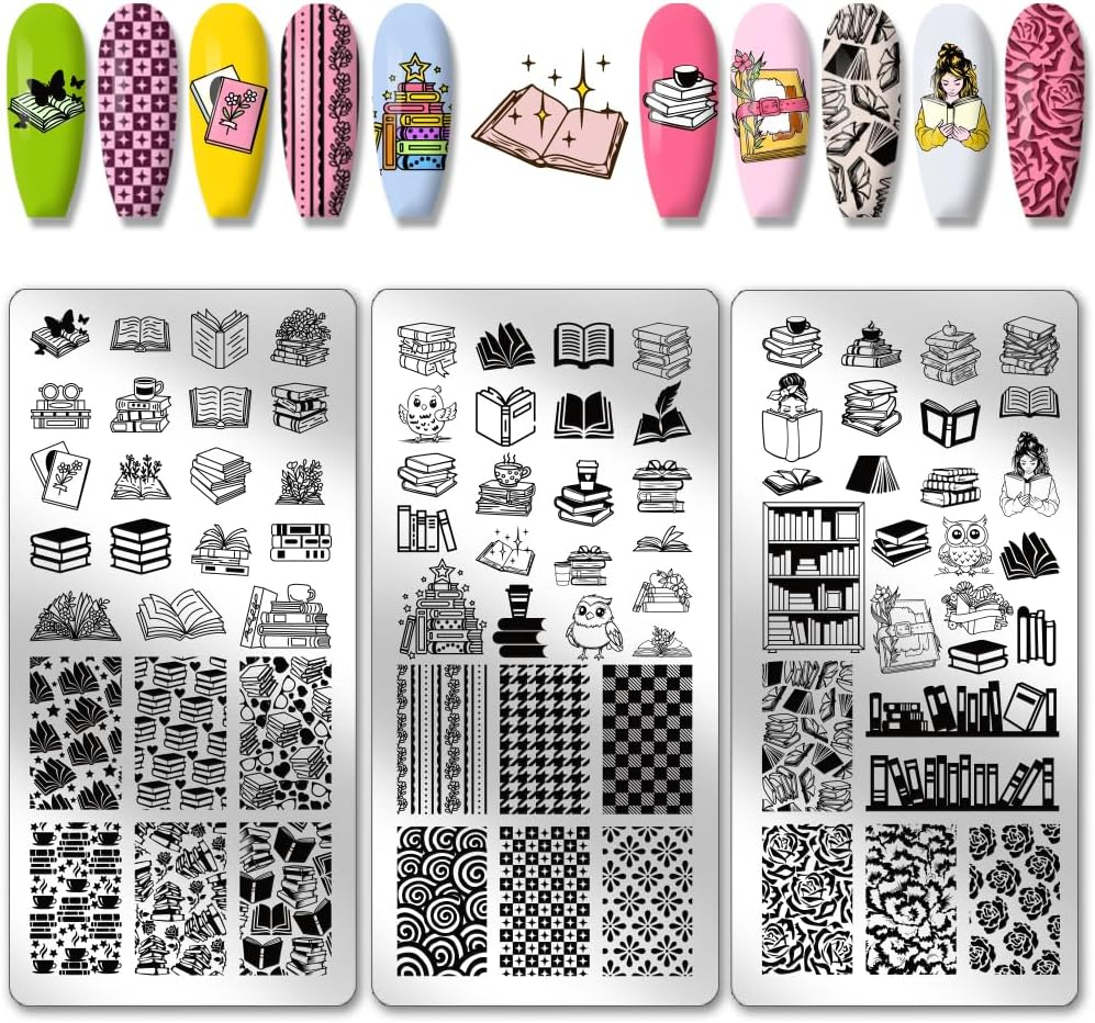 PH Pandahall 3Pcs Reading Book Nail Stamp Plate Book-Lover Theme Nail Art Templates Stainless Steel Image Plates Owl Flower Art Stencils for Back to School 4.7X2.3 Inch image number 3