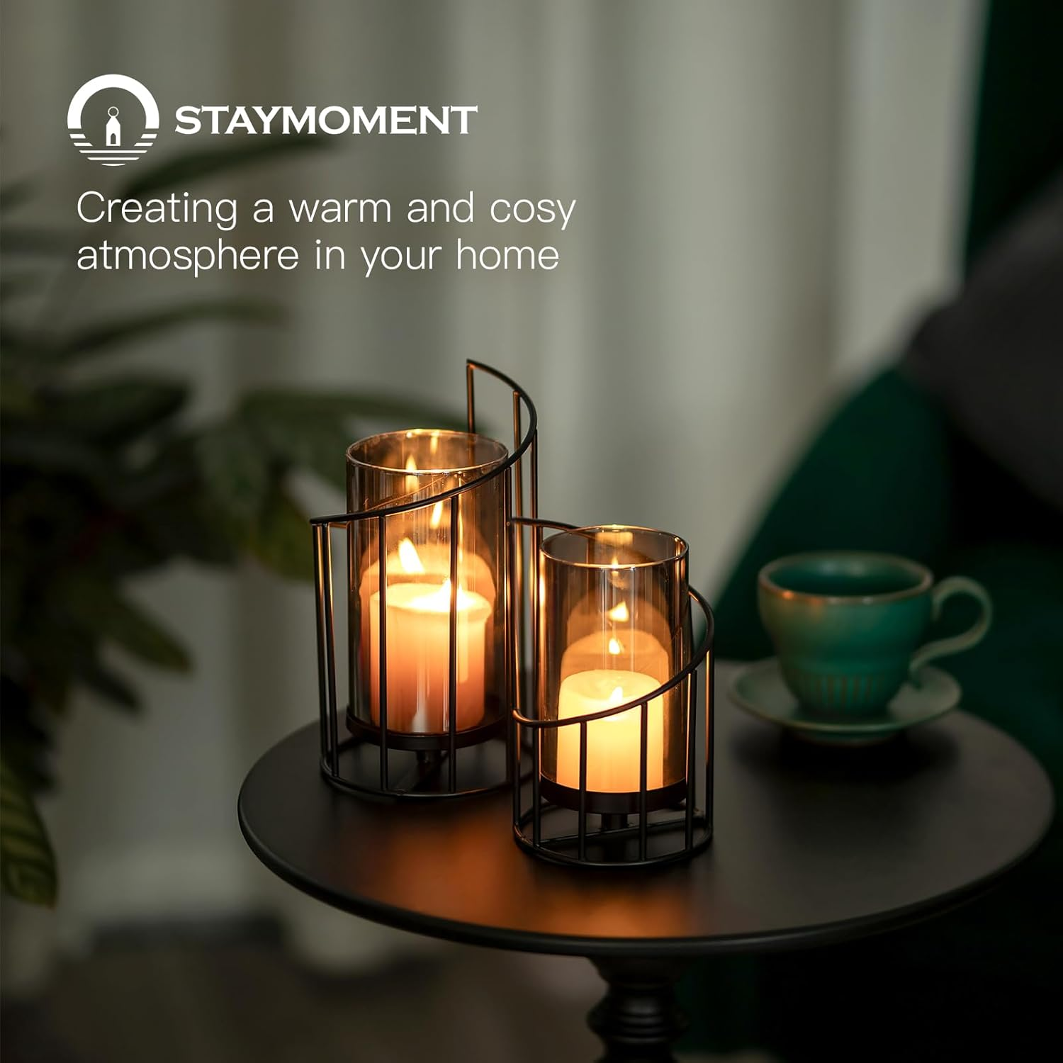 Staymoment Lantern Black Decorative Modern: Set of 2 Candle Holders Metal Lantern Outdoor Candle Holder Table Decoration Living Room Bathroom Garden Lanterns Outdoor and Indoor for Pillar Candle - Black image number 5