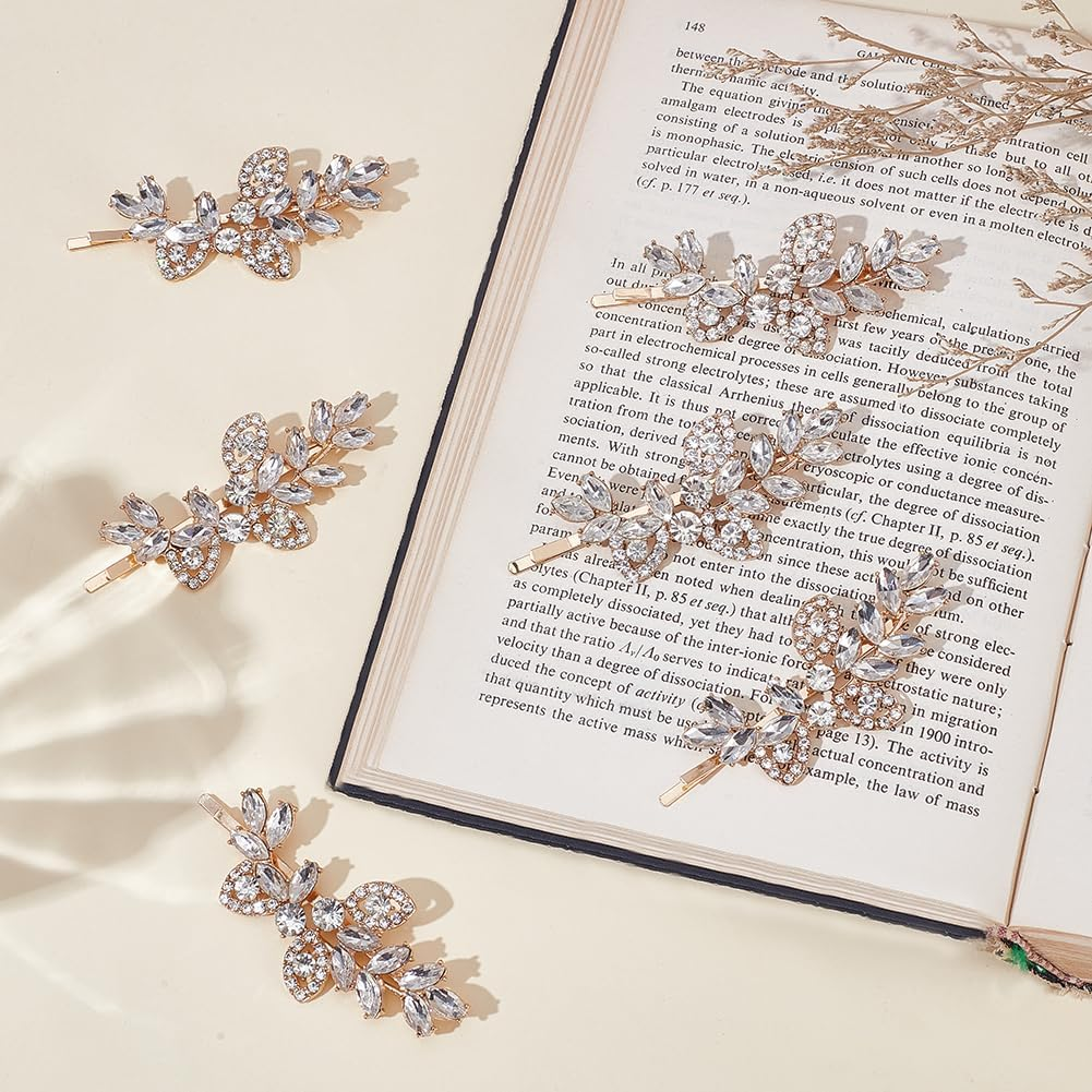 GOMAKERER 6 Pcs Rhinestone Leaf Hair Clips, Golden Bridal Hair Barrette Rhinestone Wedding Clips Decorative Diamante Accessories for Women Wedding Gift image number 3