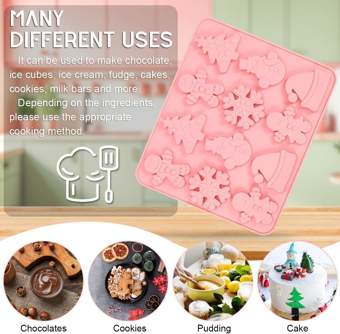 Christmas Silicone Molds,2 PCS 12 Cavities Candy Baking Molds,For Mini Cakes, Handmade Soap, Chocolate, Jello, Candy and Candles,With Snowflake Gingerbread Santa Snowman Molds image number 3