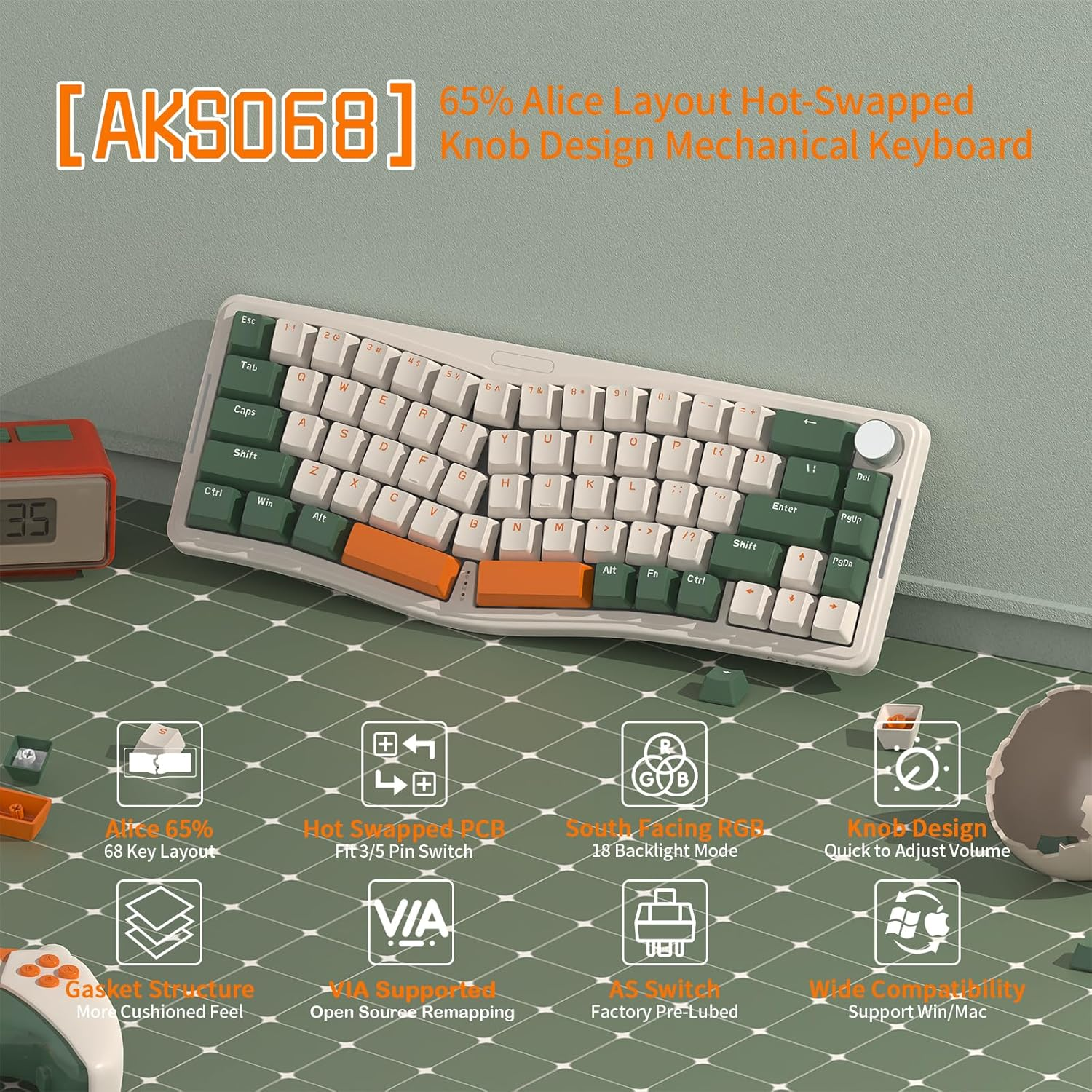 ATTACK SHARK AKS068 Wired Mechanical Gaming Keyboard 65% Alice Layout Hot-Swapped Gasket Mount with RGB Backlit via Programmable Knob NKRO TKL as Pre-Lubed Clicky Blue Switch for Win/Mac(Green)