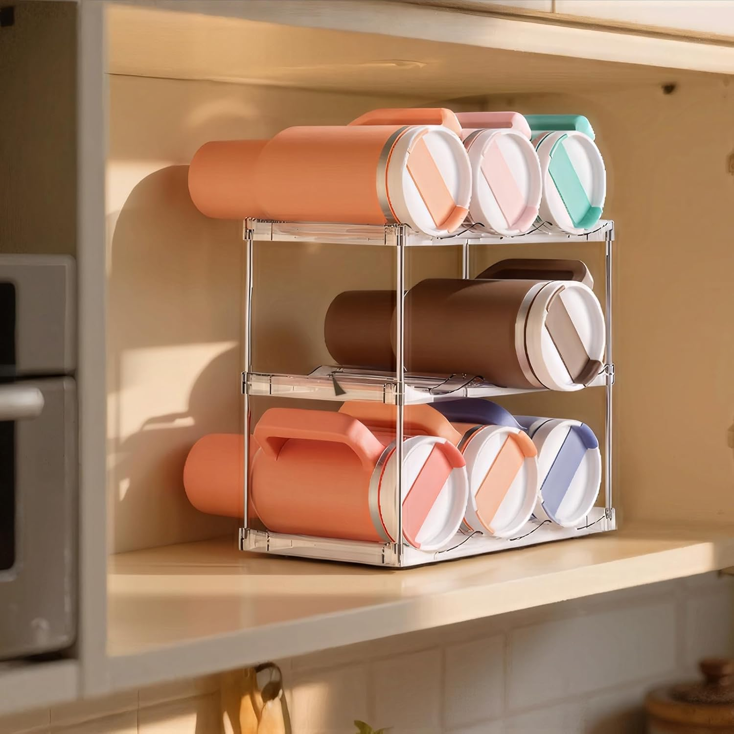 3 Tier Water Bottle Organizer Rack for Cabinet Kitchen Storage & Organisation, Stackable Bin Countertop Holds 9 Bottles Large Capacity Sports Bottles, Wine Rack, Tumbler Travel Mug Cup Holder (Clear) image number 3