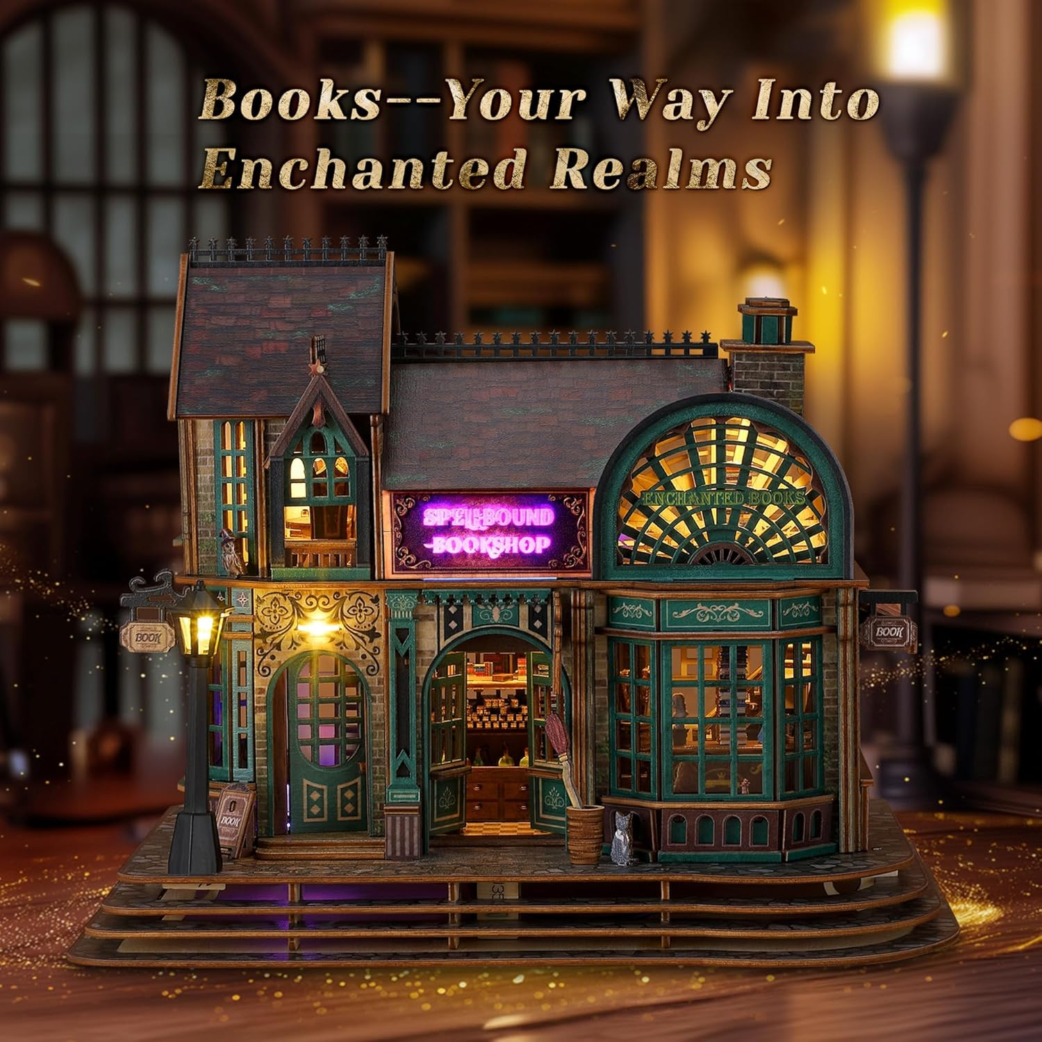 LED 3D Wood Puzzle - Magic Bookshop Building Model Kit with Leds - DIY Miniature Magical Bookstore - 3D Puzzle Architecture Craft Adults image number 2