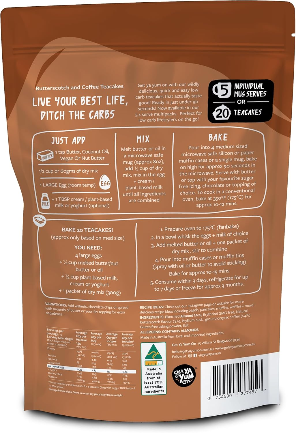 Get Ya Yum on 90 Second Butterscotch & Coffee Teacakes: NO SUGAR, LOW CARB, <1G CARB per TEACAKE, GLUTEN FREE, VEGAN FRIENDLY, PLANT BASED, KETO FRIENDLY image number 2