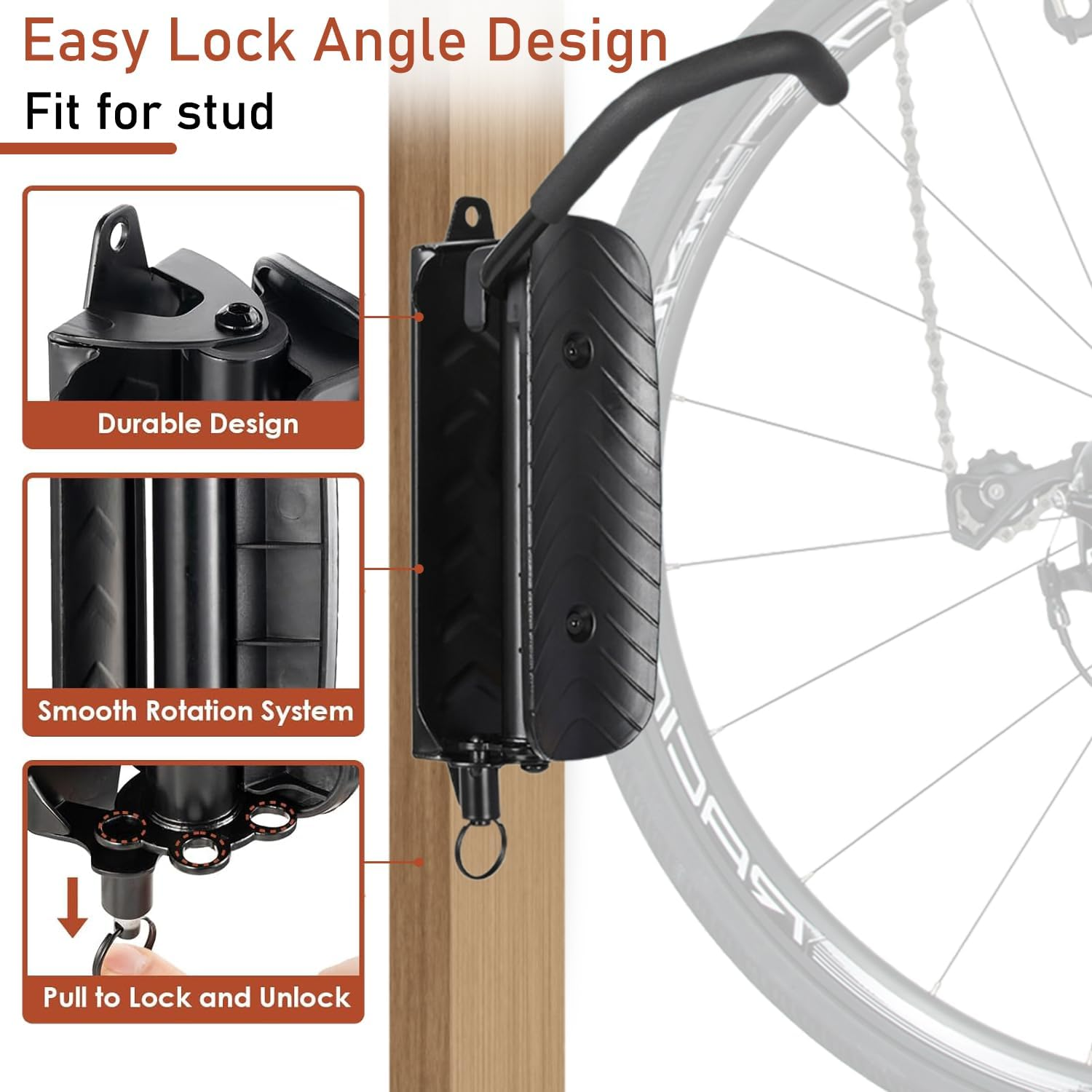 Uandhome Swivel Bike Wall Mount Rack,Bike Wall Hanger for Garage,Wall Mount Bike Rack Bicycle Storage,Bike Rack Vertical Bike Rack Holder Hanger Hook for Indoor Adjustable Angle Swivel Design (2 Pcs) image number 2