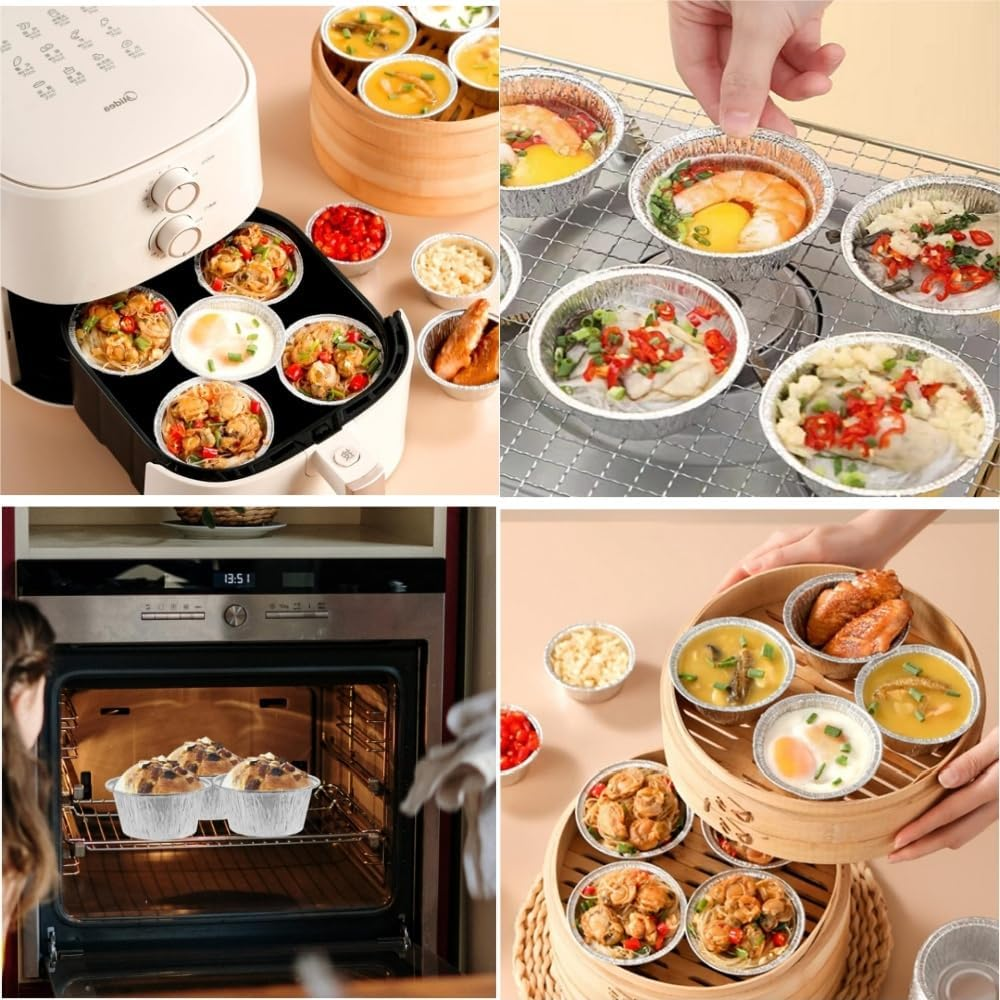 Fabselection Aluminium Foil Baking Trays - 100Pcs round Disposable Tart Molds - Small Aluminum Cups for Pudding Cupcake Muffin Foil Cups Nonstick Mini Tart Pie Tin Pan Liner Ideal for Creme image number 3