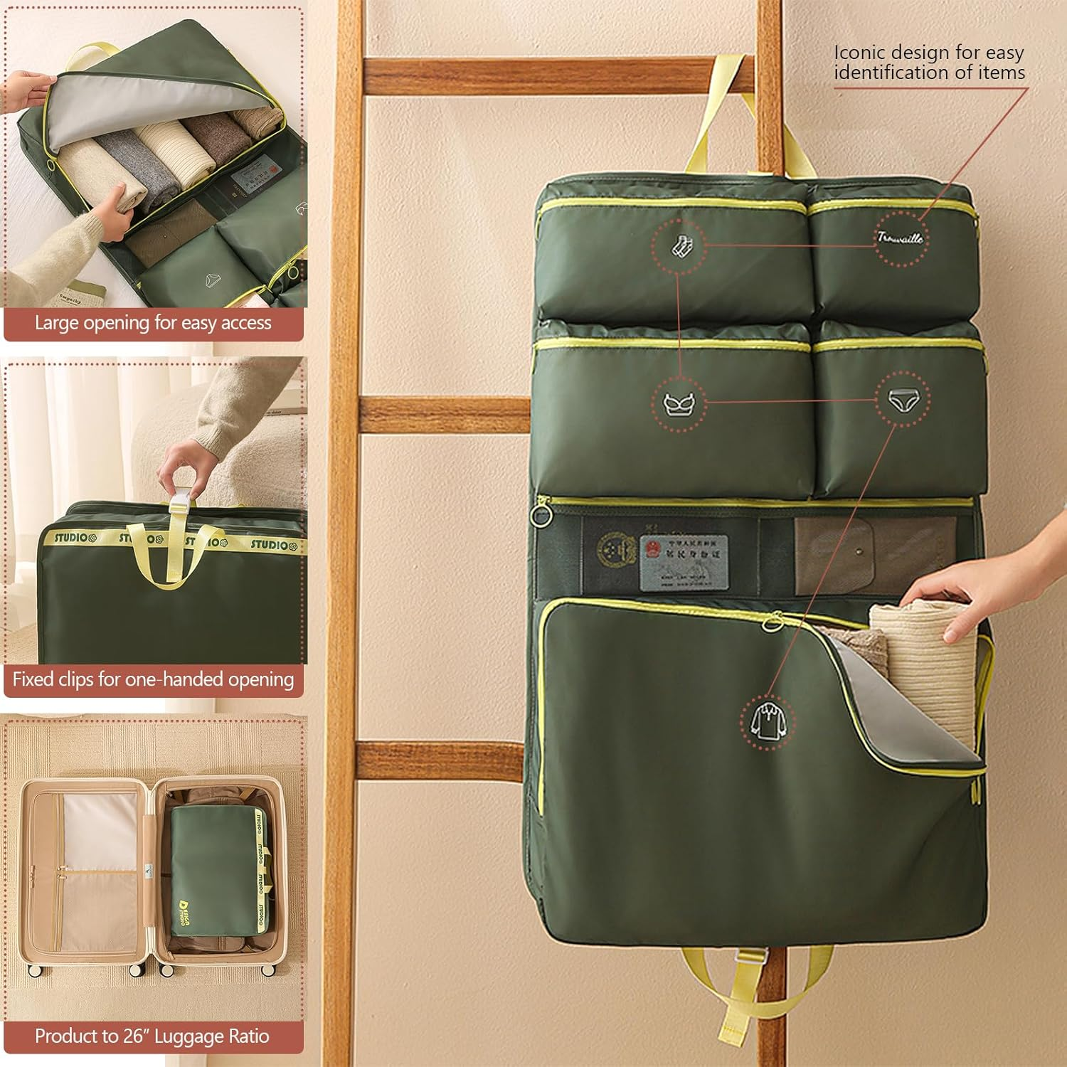 Hanging Shelves Travel Compression Packing Cube Organizer - Multi-Compartment Foldable Storage Bag (Olive Green)