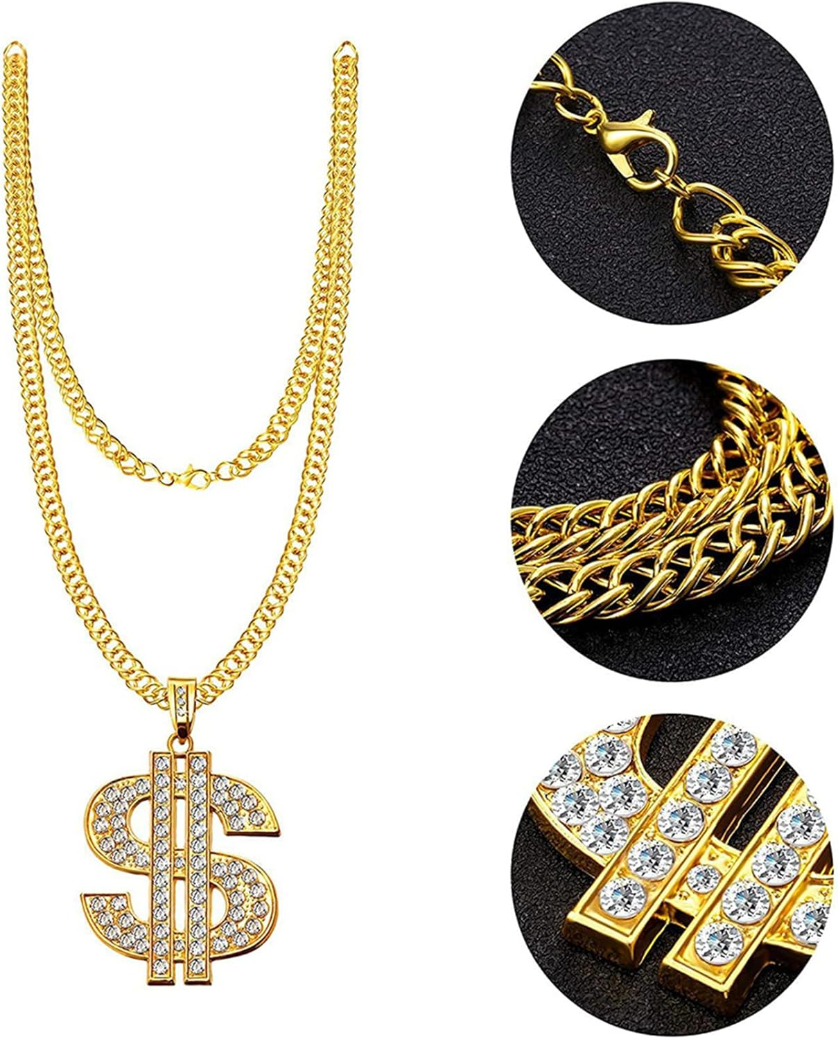 6 Pcs Hip Hop Wig Kit, Mens 70S/80S Disco Costume Set, Hippie Wig/Punk Sunglasses/Dollar Sign Finger Ring and Necklace/False Beard Theme Party Cosplay Accessories