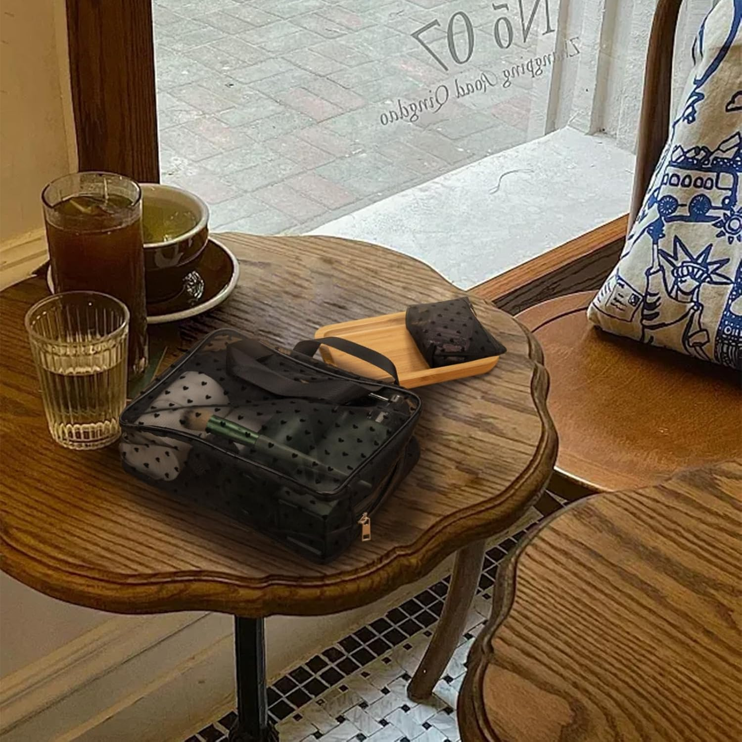 Mesh Makeup Bags, Heart Print Zipper Mesh Storage Pouch, Travel Cosmetic Accessories Organizer for Women, Black-Set of 3