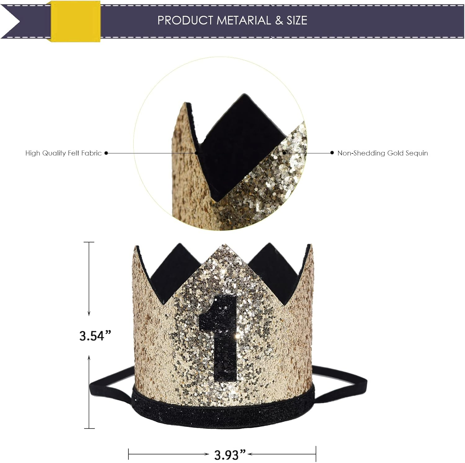 Maticr Glitter Baby Boy First Birthday Crown Number 1 Headband Little Prince Princess Cake Smash Photo Prop - Large Gold  Black 1 image number 3