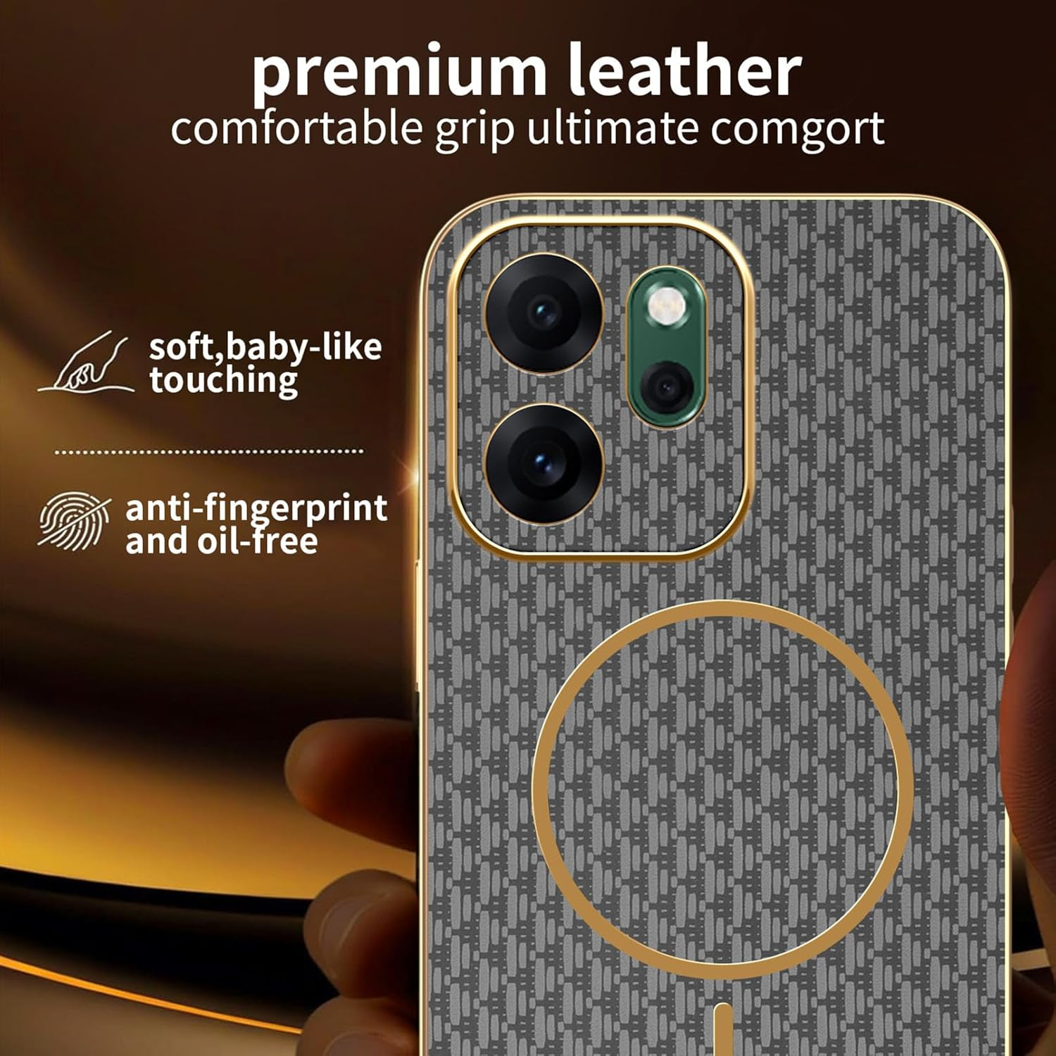 UPLAI Mobile Phone Case for Oppo Reno 14 FS (Oppo Reno 14F 5G/4G), Premium Leather Case Magnetic Wireless Charging Camera Protection Protective Case Electroplated Frame Shockproof Thin Grey image number 1