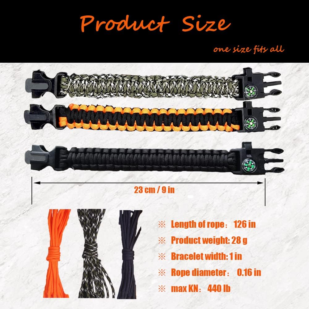 DIHAIMI Paracord Survival Bracelet (3 Pieces), Practical Five Functions, Fire Starter, Loud Whistle, Reliable Compass, Rope Cutter, Reliable Paracord, Black & Camo & Orange+Black, 9 Inches, Nylon image number 2