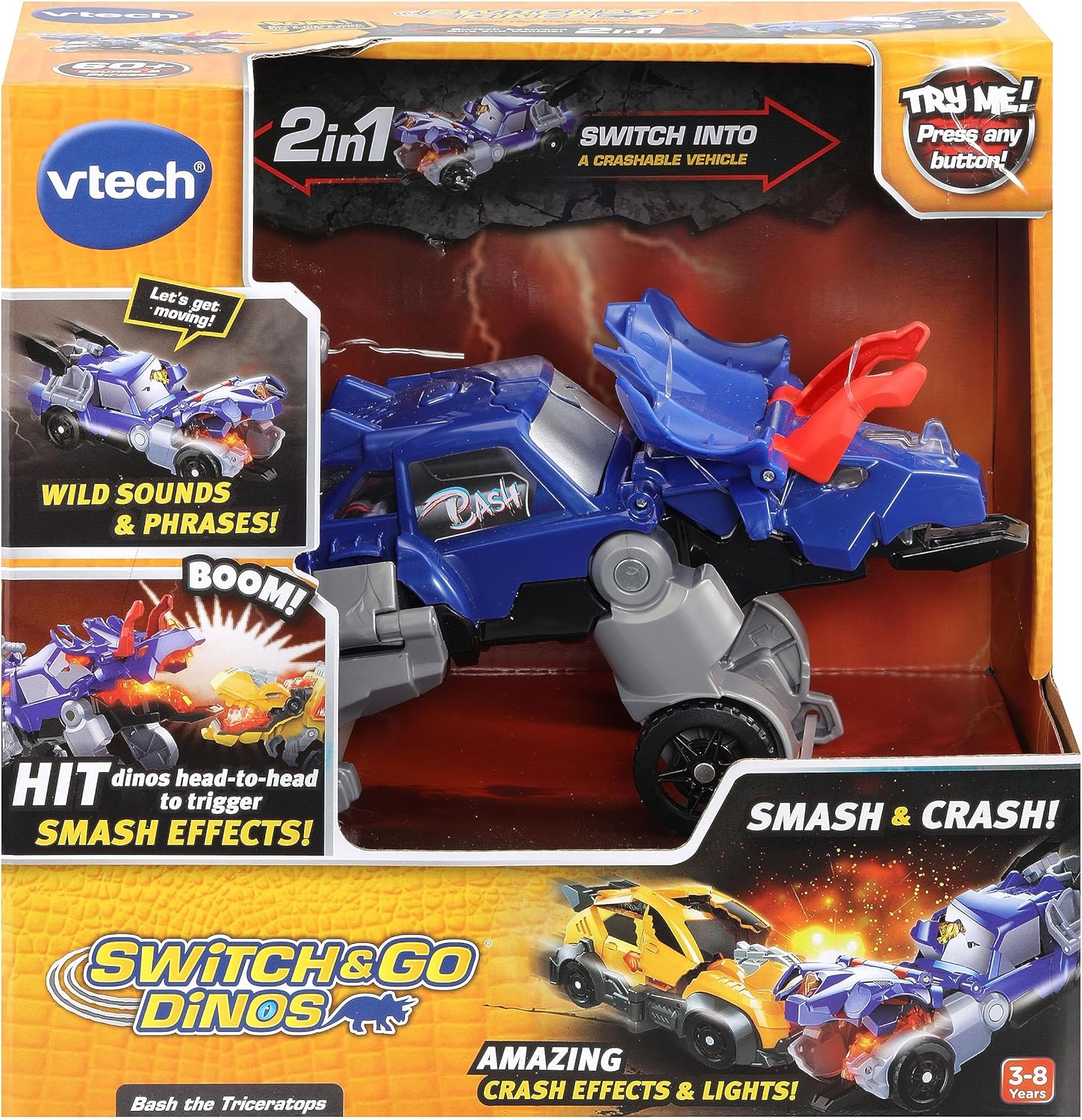 Vtech Switch & Go Dinos Bash the Triceratops - Dinosaur Racecar Toy - 541403 - Multicoloured image number 1