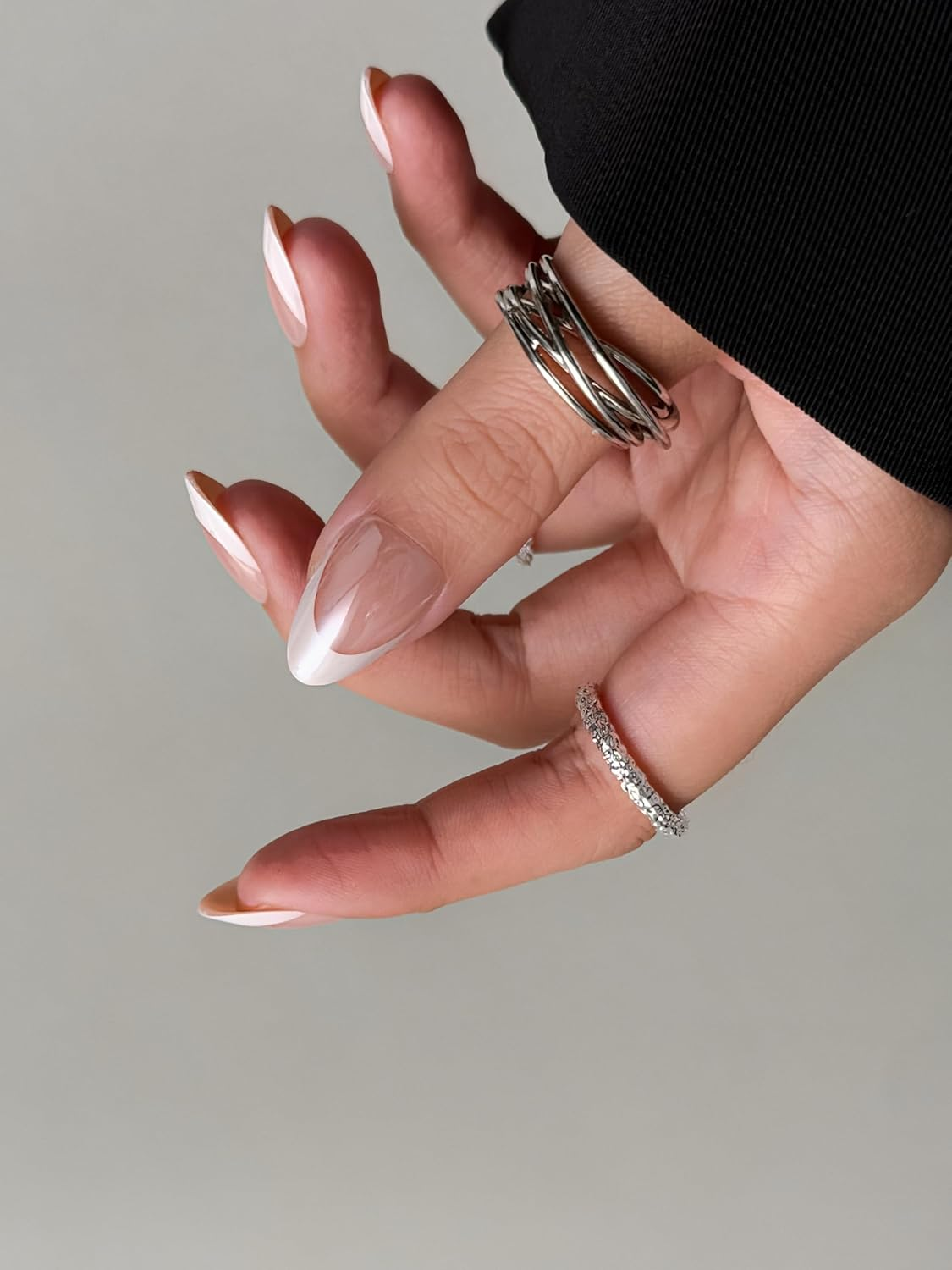 Bianco Sue Press-On Nails | Luxe French Almond False Nails with Modern White Tip Design, Reusable Stick-On Fake Nails with Adhesive Tabs and Glue | Salon-Grade Quality | Transparent Storage Box | 15 Sizes - 30 Nail Kit image number 1