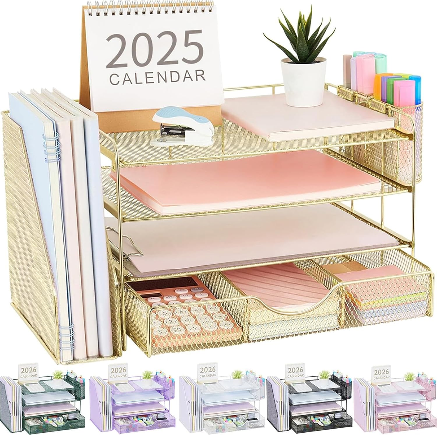 Gianotter Paper Organizer with File Holder for Desk, 4 Tier Letter Tray Office Desk Organizers and Accessories - Workspace Organizers with Drawer and 2 Pen Holder for Office Supplies (Grey), 4T-2