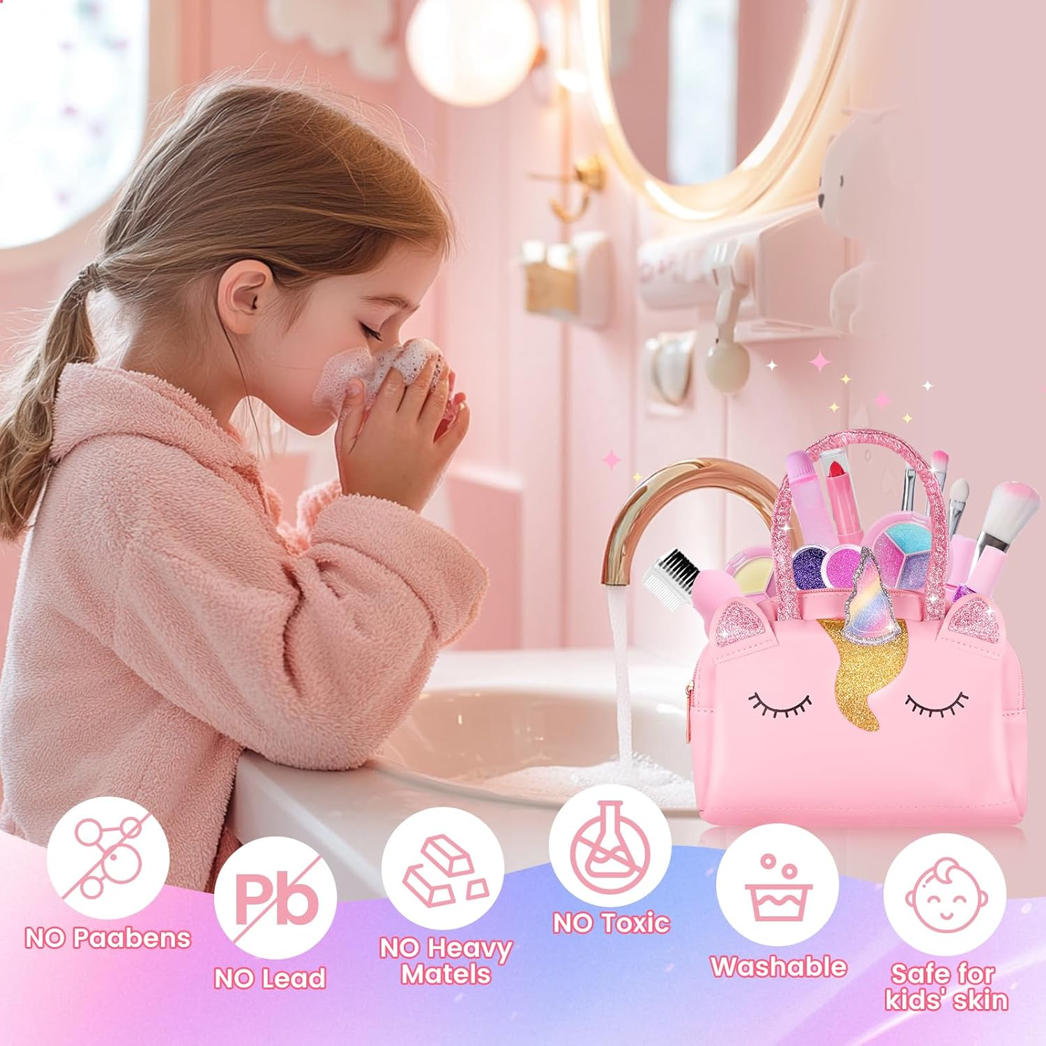Kids Makeup Kit for Girls, Washable Makeup Kit Toys, with Cute Unicorn Bag, Real Make up Set for Kid Little Toddlers Princess Christmas Birthday Gifts Age 6 7 8 9 10 11 12 image number 3