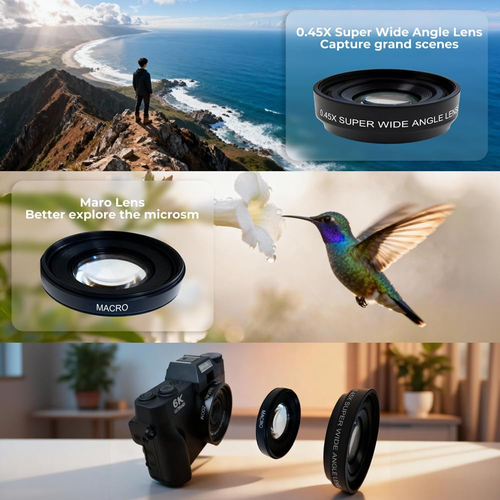 6K 64MP Digital Camera for Photography & Youtube Vlogging, 3" 180&deg; Flip Screen, 16X Zoom Autofocus, Wifi, with Wide-Angle Lens,64Gb TF Card, 2 Batteries, Charger, Reader & Flash image number 3