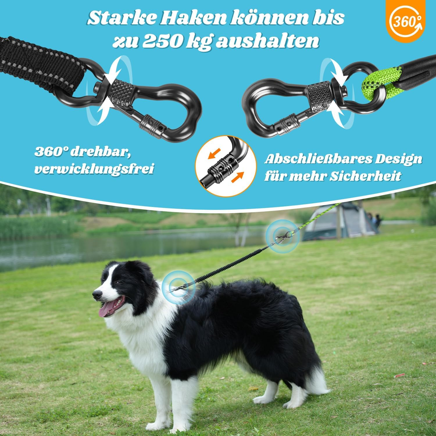 Aystkniet Bungee Recall Lead for Dogs 3 M 5 M 9 M 10 M 15 M 20 M 30 M, Shock-Absorbing Dog Lead with Padded Handle, Reflective Threads, Lockable Hook for Medium Large Dogs image number 3